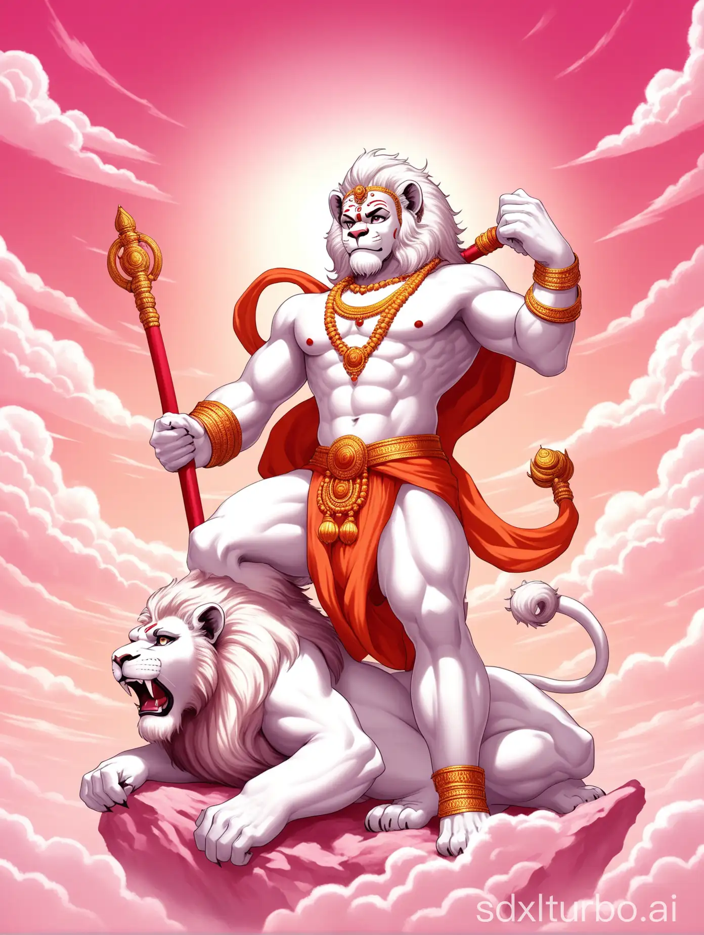 Teen age Hanuman look like a superhero pink sky with white cloud white skin hanuman with the white colour lion 