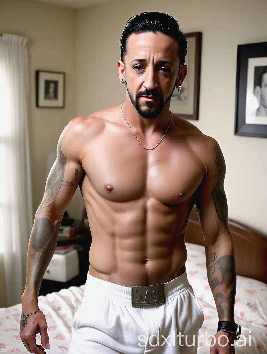 AJ McLean with ripped eight pack abs, shirtless in white boxers in 1950s suburban LA bedroom, face and body photo, 16k, medium shot, very high quality, very high resolution, fitness, macho, virile, masculine, sexy, youthful,