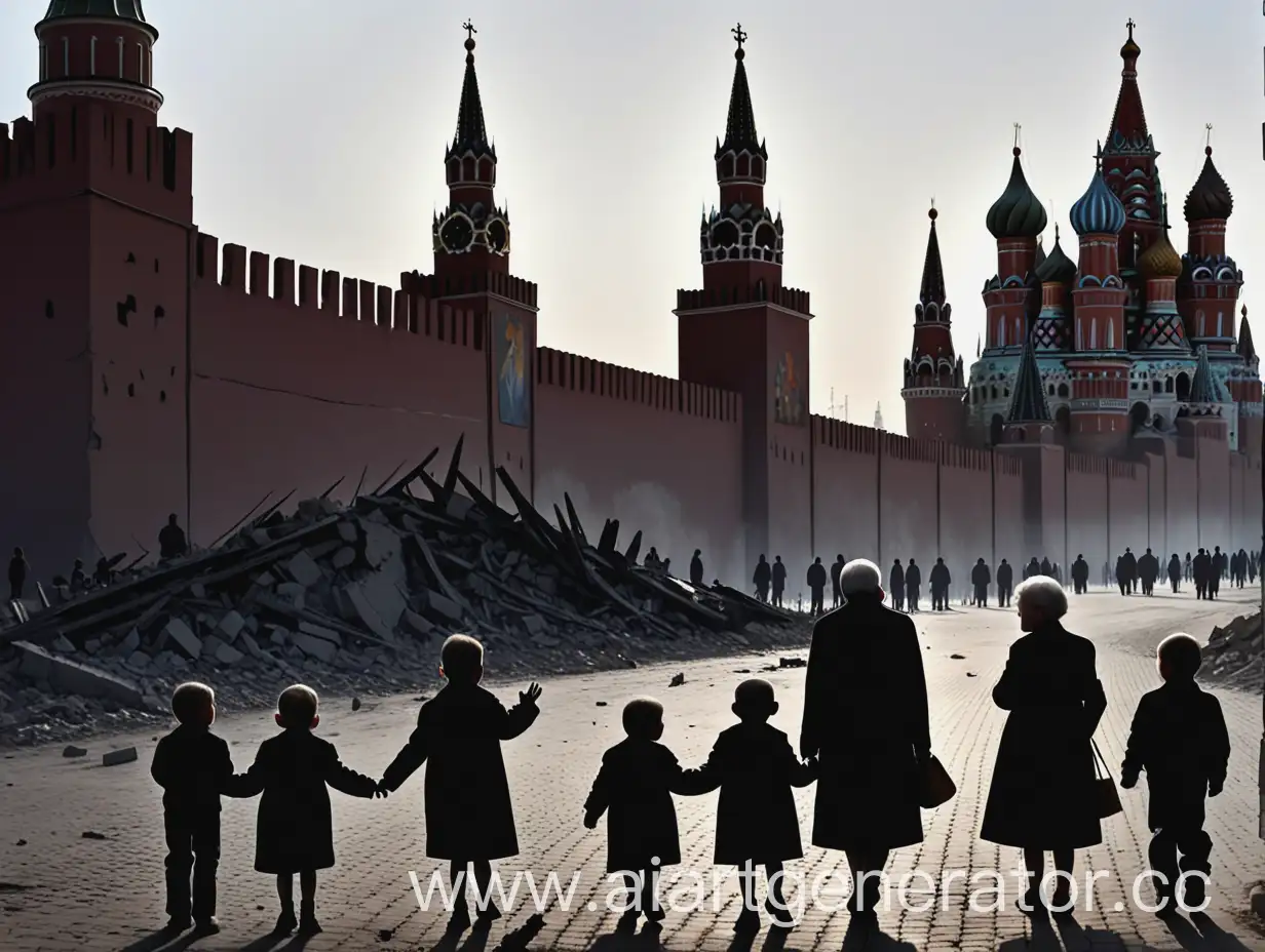 Черные Силуэты людей на фоне развалин, плачущие дети, старики, отвернувшиеся чиновники, кремль