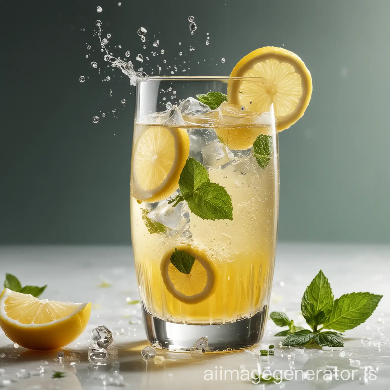 A champagne-like cocktail with lemon, no background, a glass full of bubbly yellow liquid with ice cubes, a few slices of lemon and mint leaves. The liquid inside the glass is swirling, adding to its dynamic feel.