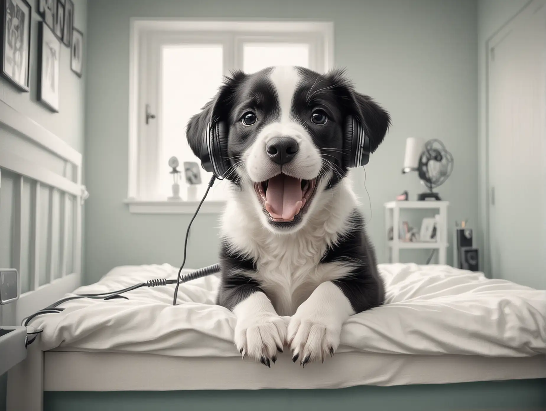 Adorable Black and White Puppy in Teenagers Bedroom Listening to Headphones