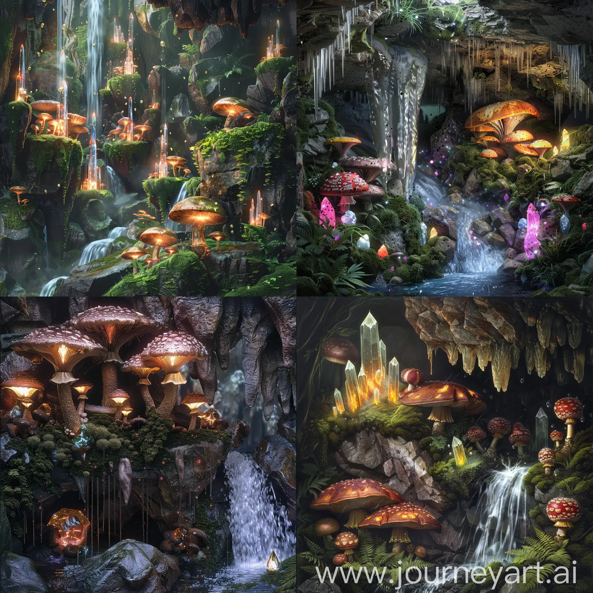 Enchanting-Underground-Cave-with-Waterfall-Moss-Mushrooms-and-Glowing-Crystals
