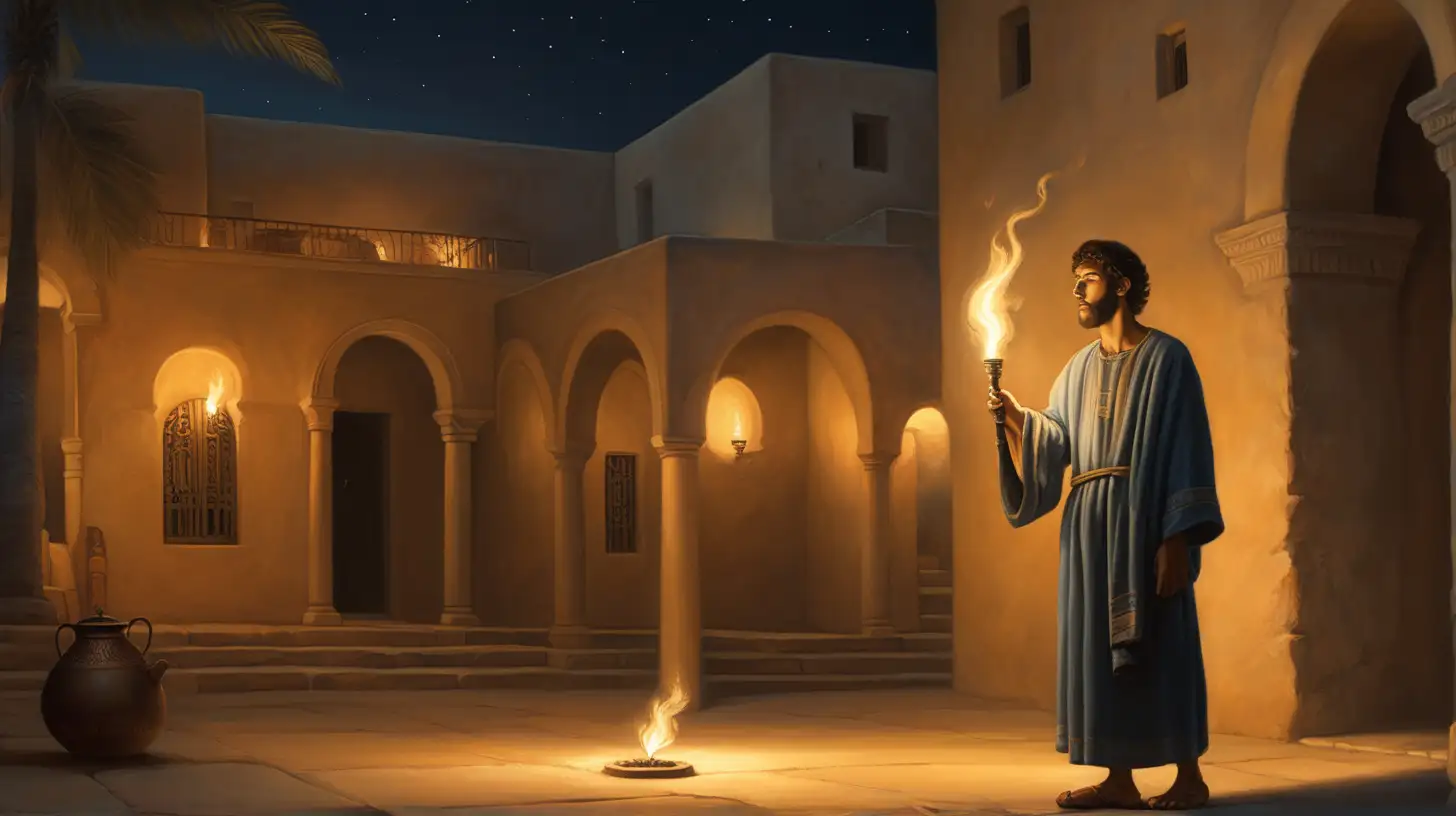 epoque biblique, un jeune serviteur hébreu seul dans la nuit debout tient à la main une petite torche pour éclairer la cour d'une immense demeure hébreu, à minuit