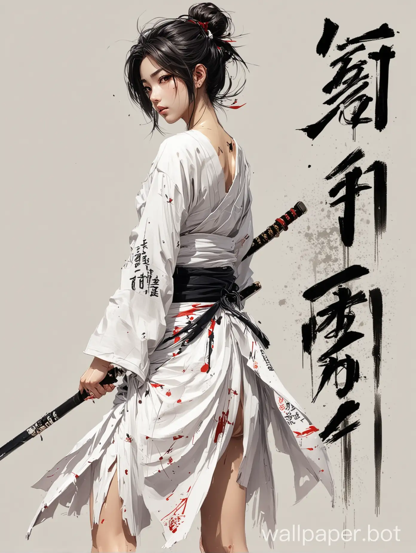 cool japan girl, white dress, white background,Turn your body to the left, anime In the story,samurai,Sketching styles, japan words in front,,a few black strokes with a brush behind the body,Broken brushstrokes,look folow body,wallpaper for 2 monitors