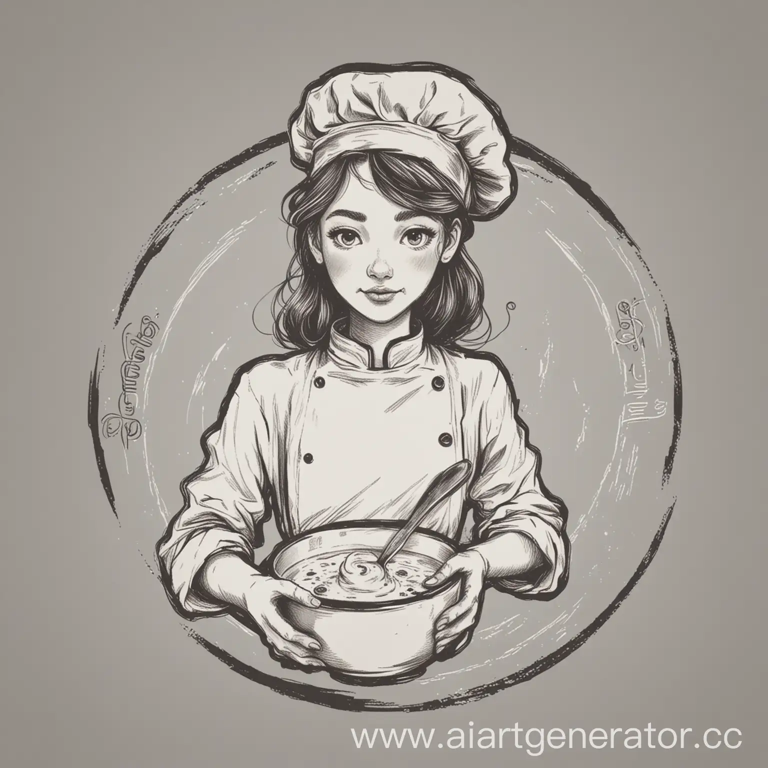 Черно белый логотип на котором изображена линиями девушка повар, держащая перед собой в руках тарелку с супом