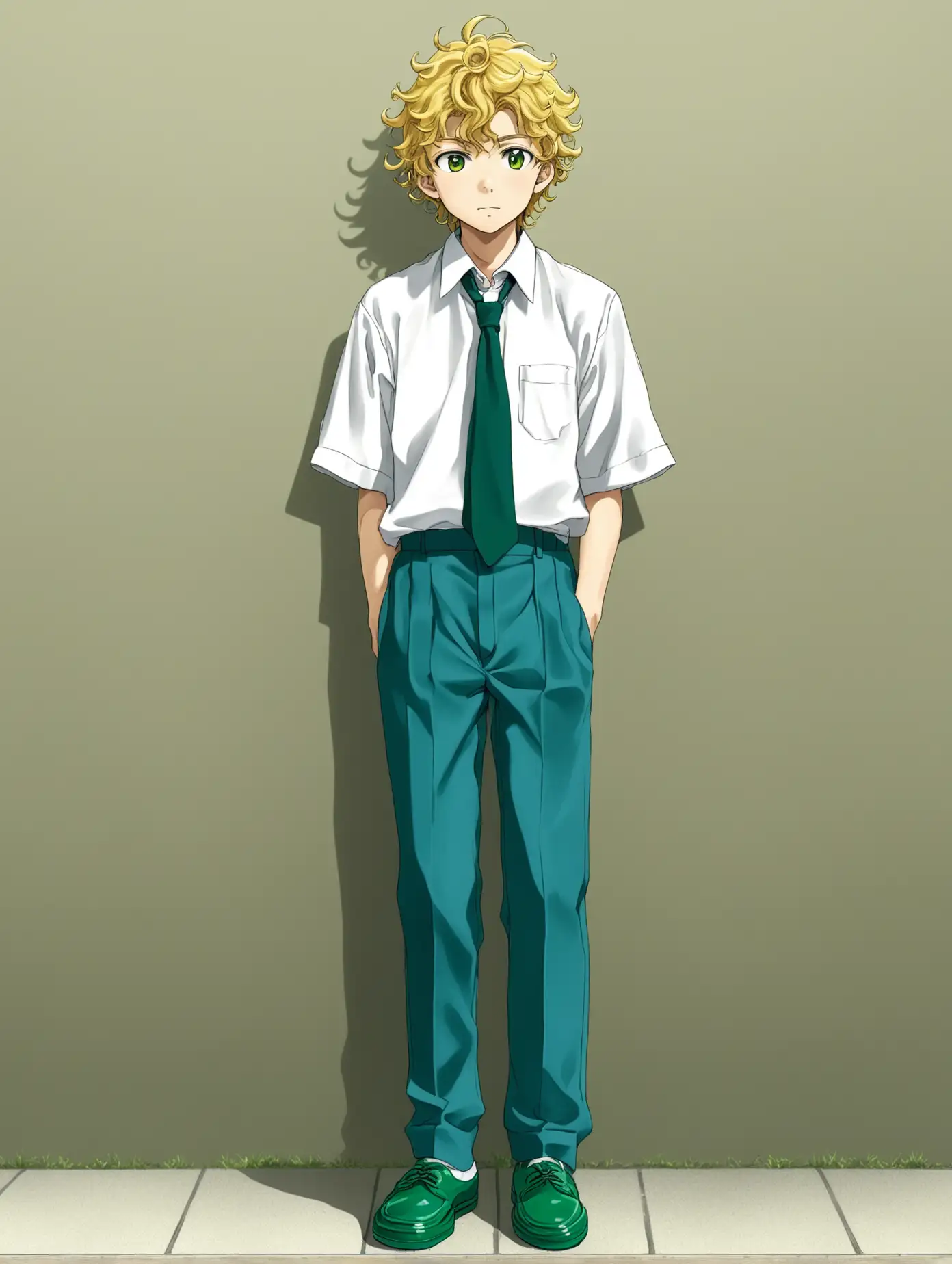pria jepang menggunakan seragam sekolah hijau berusia 16 tahun, berambut kuning bergelombang, menggunakan sepatu hijau, celana panjang biru