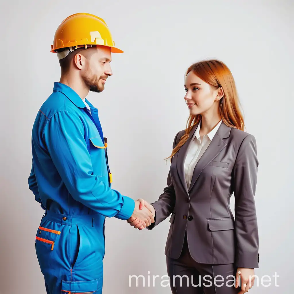 мужчина в строительном комбинезоне и женщина в деловом костюме пожимают друг другу  руки в ярких тонах