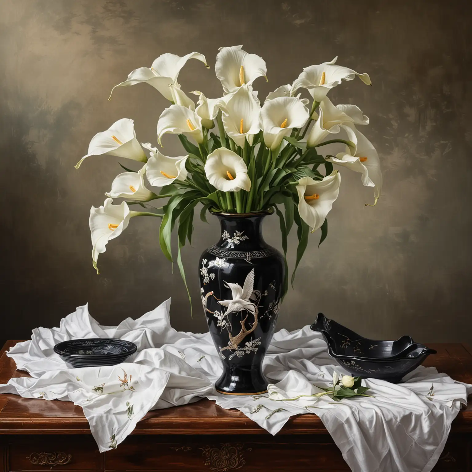 Exquisite Still Life Painting Oriental Vase and White Calla Lilies on Table