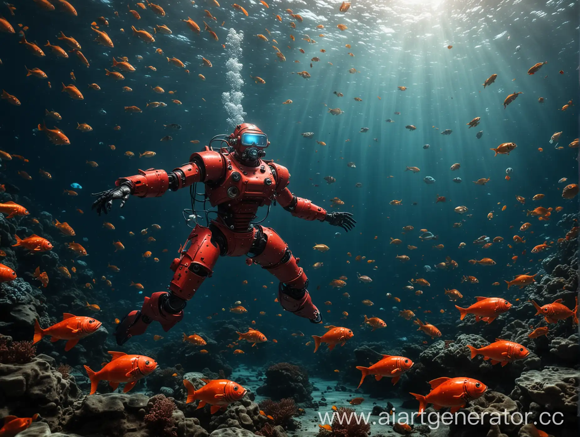 Красный робот-аквалангист плавает на дне океана среди множества ярких рыб