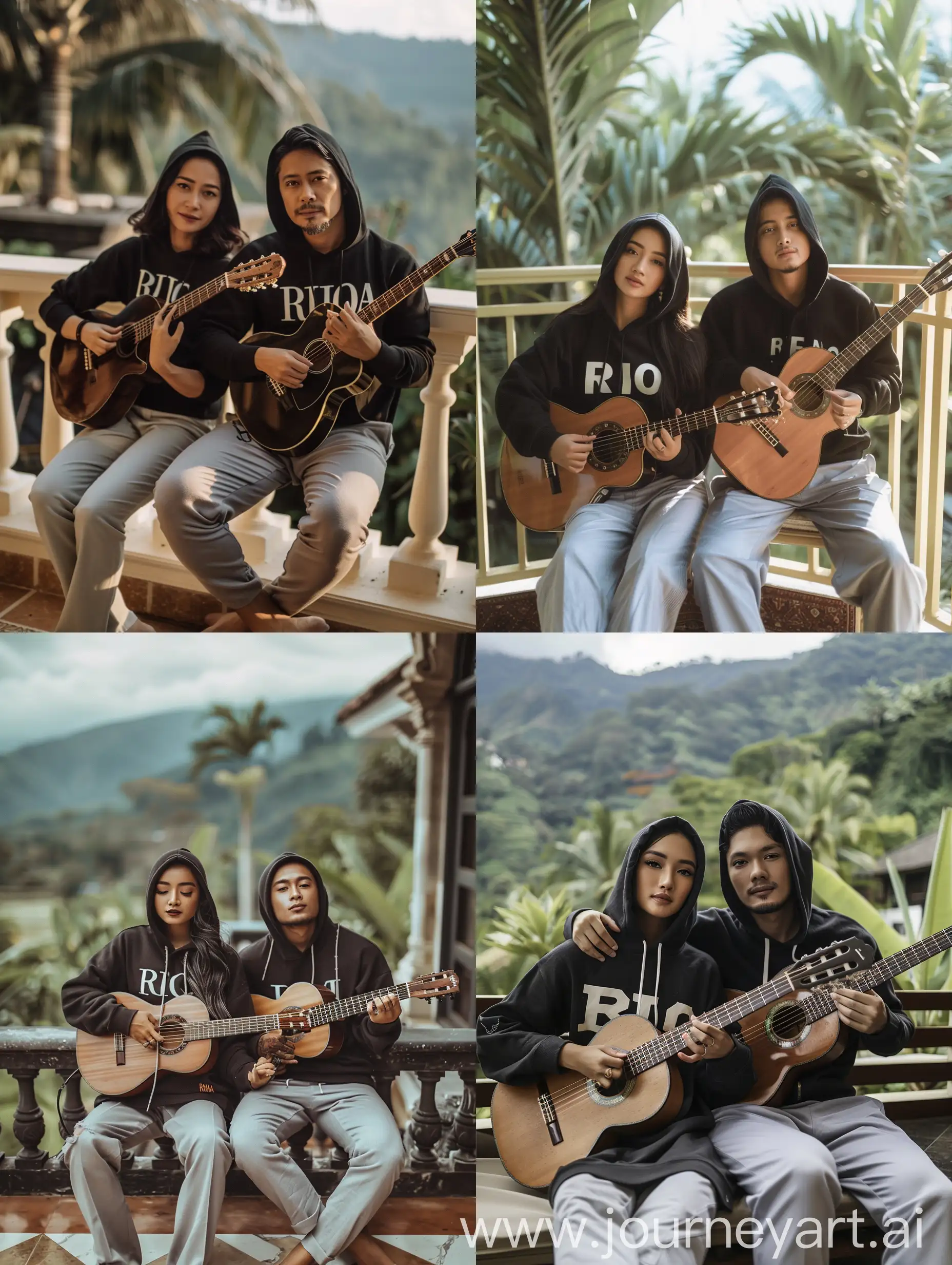 Original and original photo of a beautiful 25 year old Indonesian woman, wearing a black hoodie that says (RICO), light gray trousers, and a handsome 25 year old Indonesian man wearing a black hoodie that says (RENA), light gray trousers, sitting on a luxurious terrace. while holding a guitar, focus on sitting neatly crossed, focus on face and body facing the camera, each holding their own guitar. There is a beautiful view of 16k HD photo quality, clear and bright resolution.