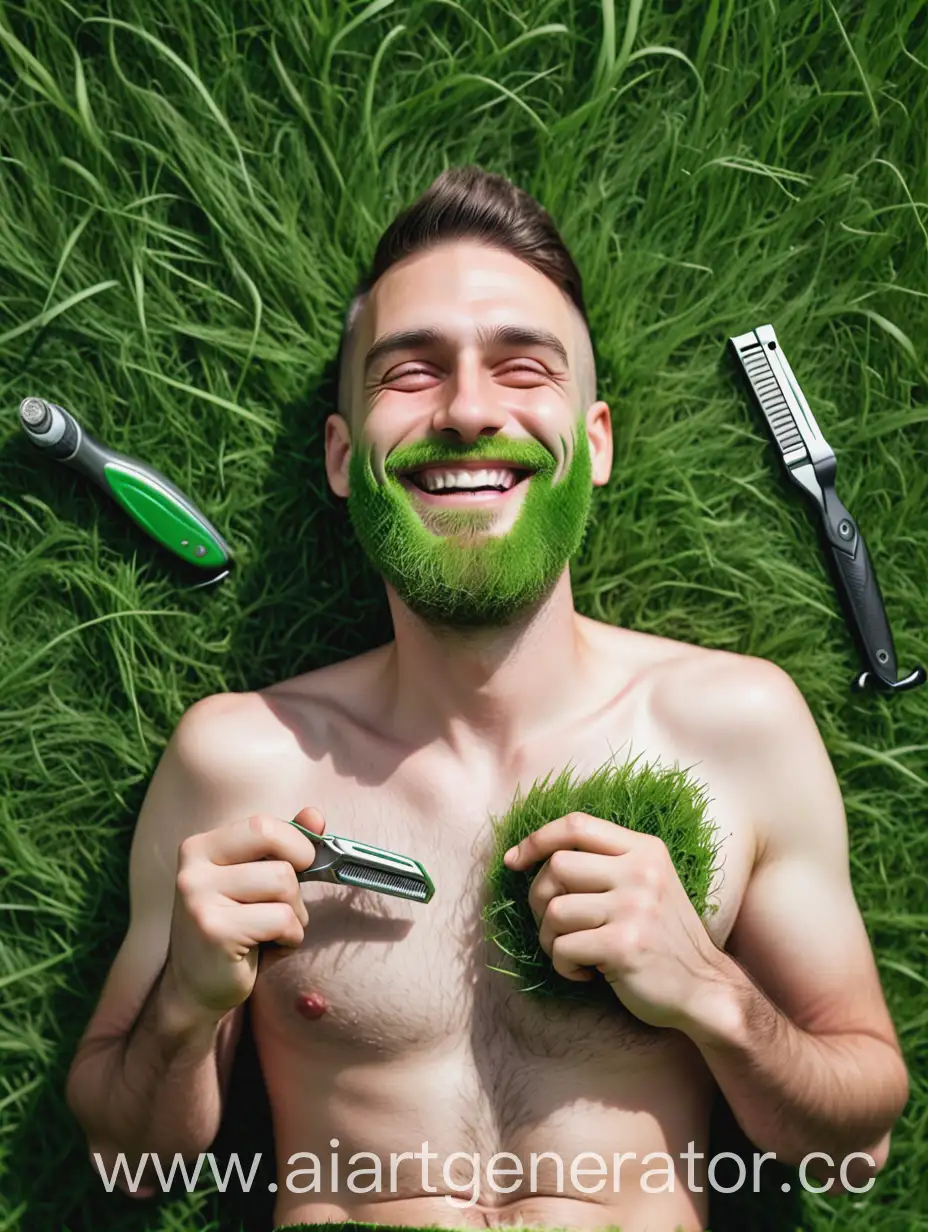 Man-Shaving-His-Green-Grass-Beard-While-Lying-on-Grass