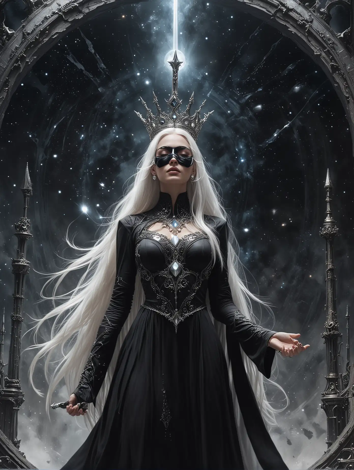 Oracle-Woman-Confronts-Black-Hole-in-Space-with-Iron-Sword-and-Crystal-Ball