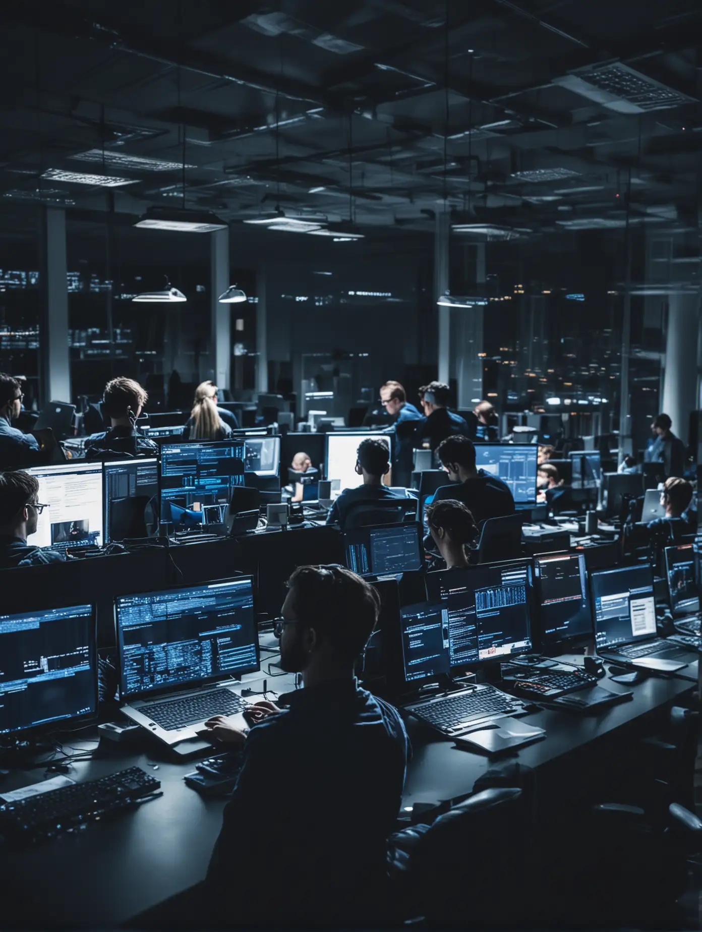 Professional Office Scene Developers Programming on Laptops in Dark Blue Setting