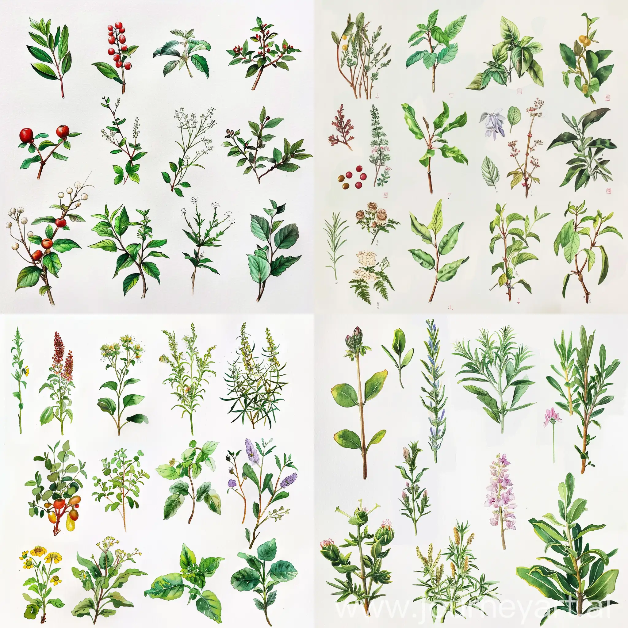 Please draw many different types of original Chinese herbal medicine, plant state, watercolor painting, single plant
