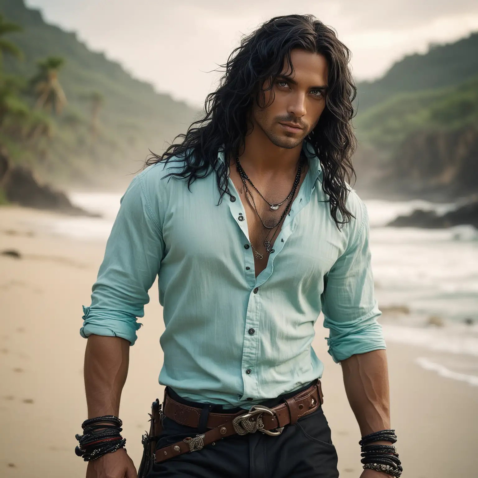  Fantasy male, half black skin tone, long wavy black hair, turquois eyes, hot sexy, tropical, rugged, thirty years old, open button down shirt, black pants, sword belt, many bracelets, many necklaces. 