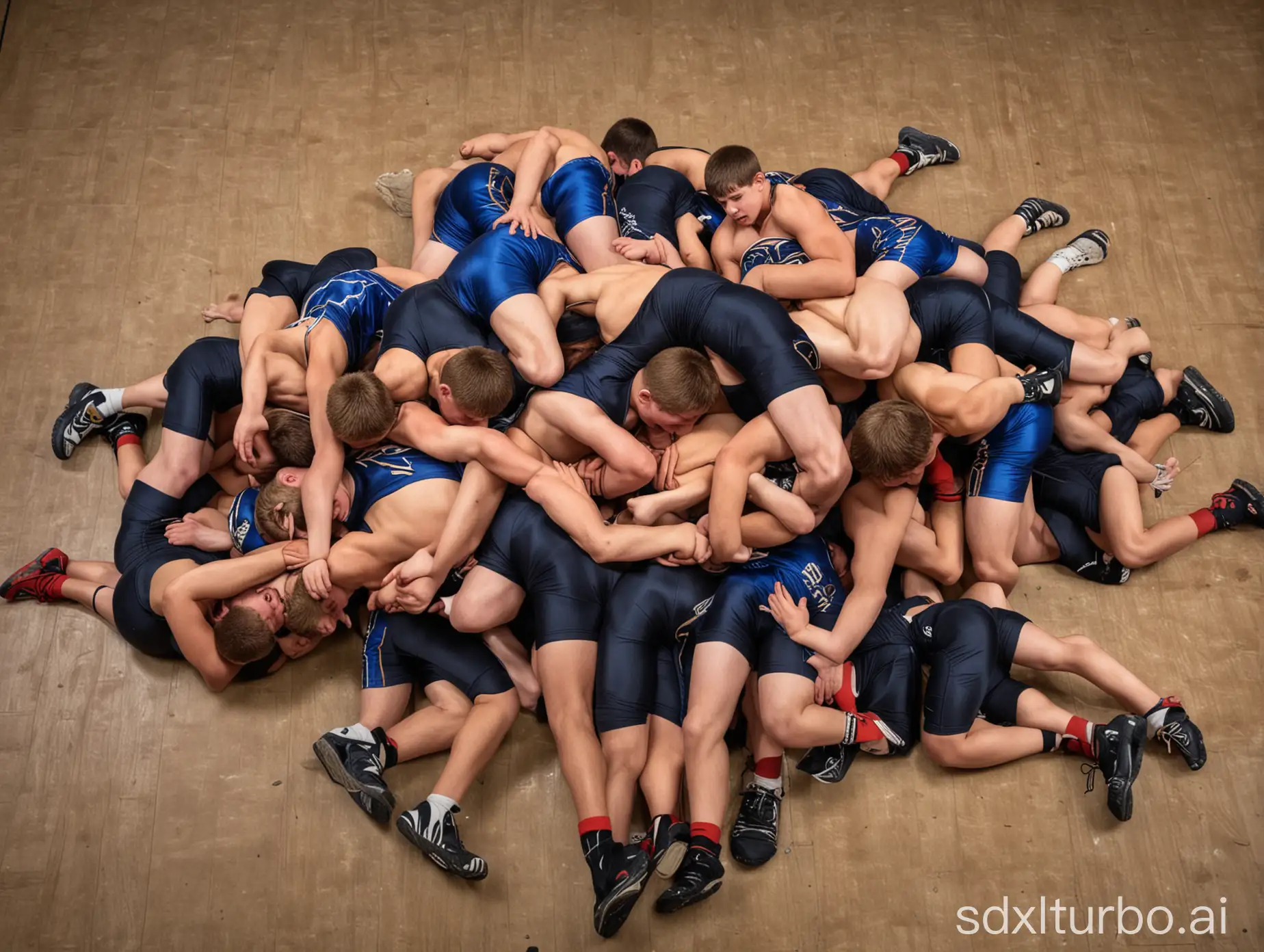 large pile of 14 year old athletic muscular wrestling boys piling up on the floor