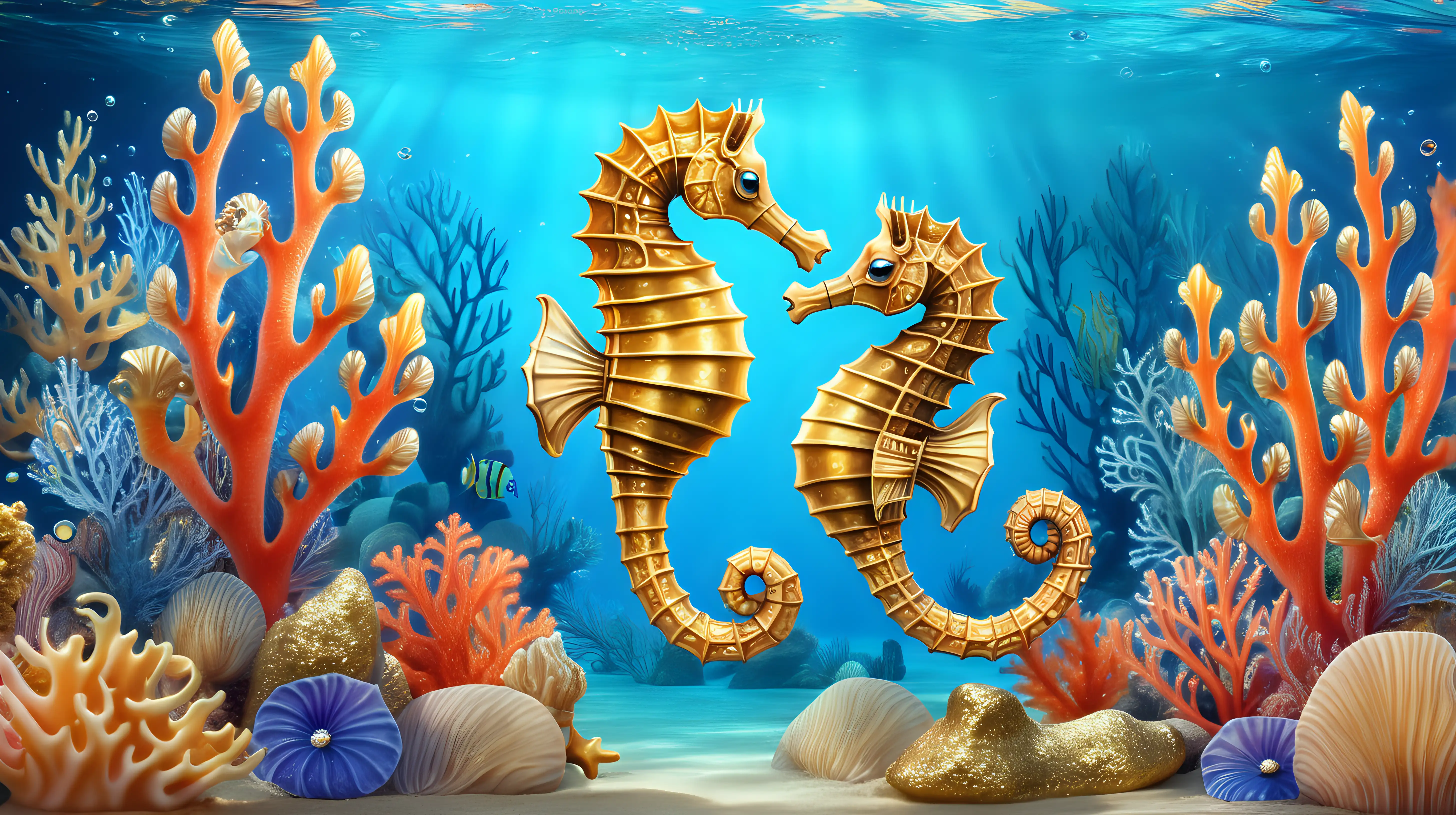 A cute seahorse covered in gold and swimming in water and surrounded by colorful coral and blue flaming water