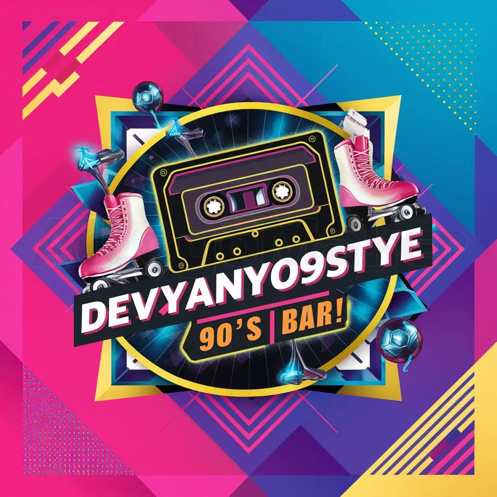 a logo design,with the text "Devyanyostye", main symbol:Create a 90's bar themed poster with bright neon colors, geometric patterns, and cult 90's elements like cassettes, roller skates and bar accessories from the 90's. The background should have a gradient design with vibrant pink, blue and yellow tones. Include text in bold retro font with the inscription '90's Bar!' in a fun, playful style.,complex,clear background