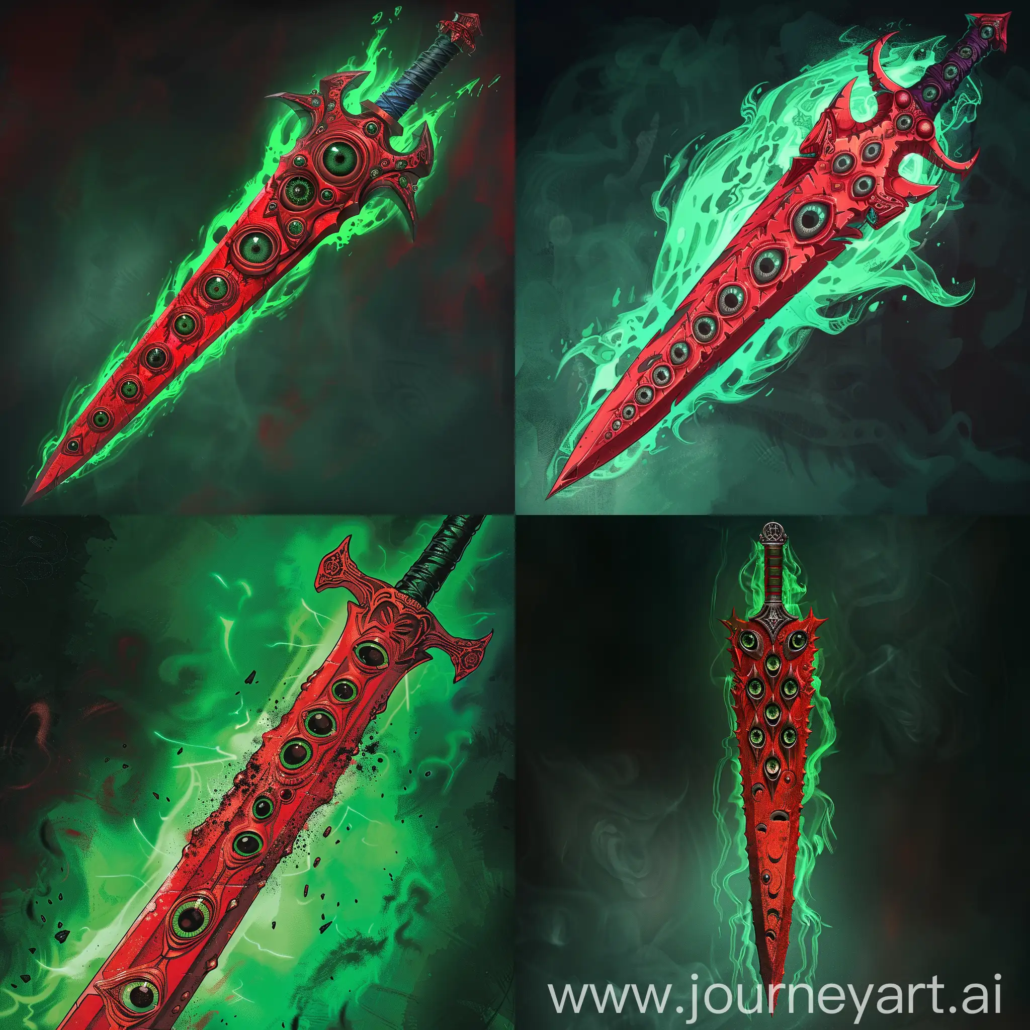 Comic sketches, comic strip, detailed superhero image, special effects, comic book atmosphere, ultra-detailed costumes, crafted image, inspired by comic book style, create a unique image model. Red dagger with many eyes on the blade, with a green aura around the dagger.
