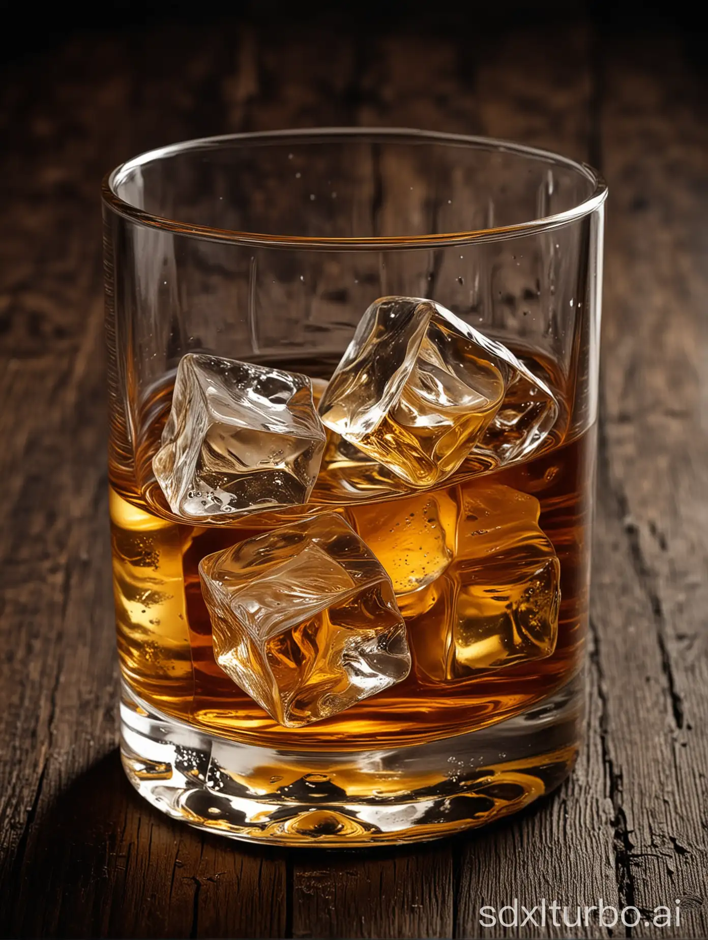 a clear whisky glass with whisky and ice cubes, on an old dark wooden table, dark background, very detailed, ultra-high resolution