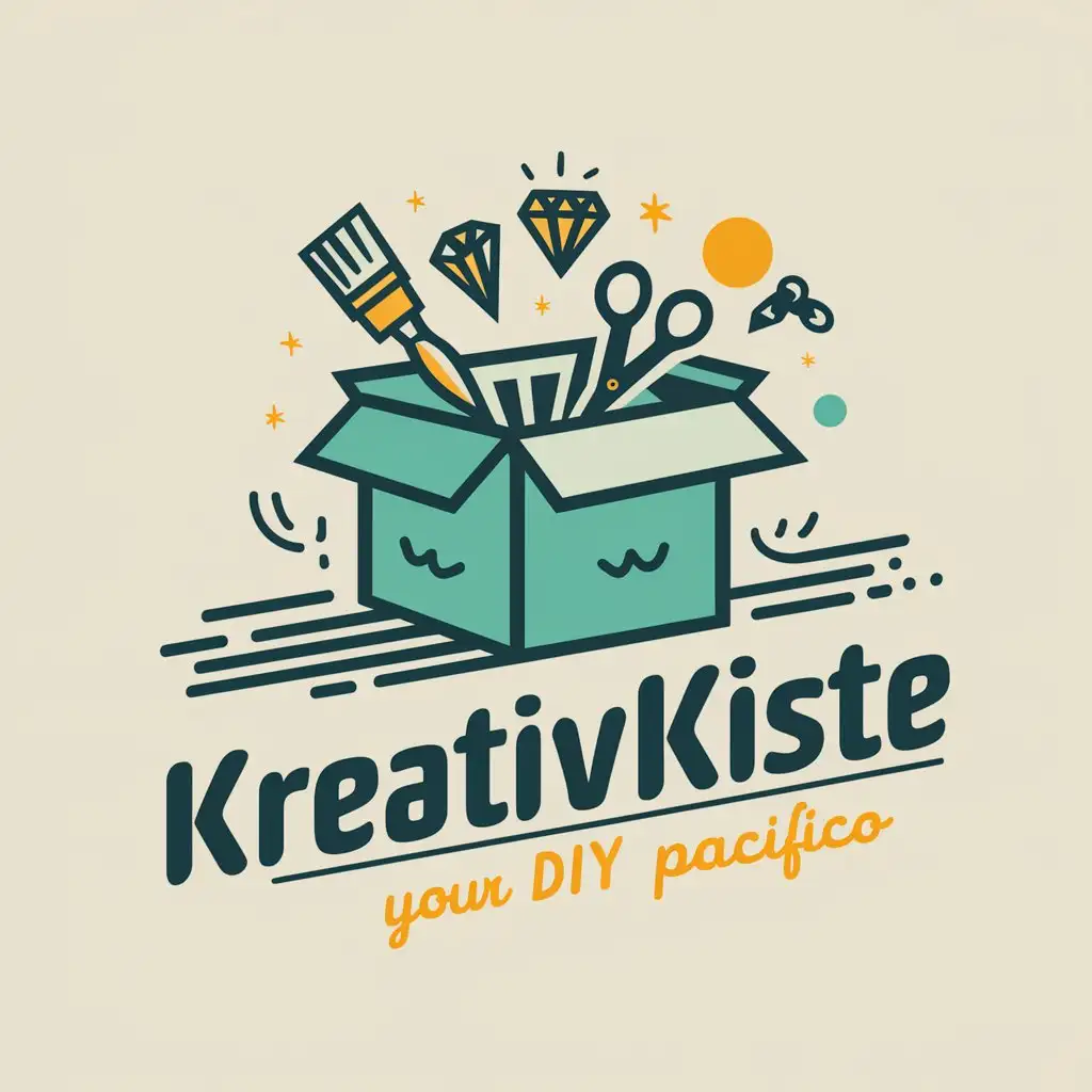 a logo design,with the text "KreativKiste", main symbol:Concept and Description for the Logo 'KreativKiste':nColor Scheme:nPrimary Colors: Bright, vibrant colors such as turquoise, light green, and sunny yellow to symbolize creativity and joy.nAccent Colors: Dark blue or dark gray for text elements to create contrast and ensure readability.nSymbol/Icon:nBox: A stylized box that is slightly open, giving the impression that it is full of creative ideas and materials.nContents of the Box: Symbols representing various DIY products could float out of the box, such as a paintbrush, a diamond, a sheet of paper, and scissors.nFont:nMain Font: A playful yet clear font like 'Comic Sans' or 'Pacifico' to emphasize the creative aspect.nTagline (optional): A smaller, sans-serif font for a possible slogan beneath the main name, such as 'Your DIY Paradise.'nLayout:nPositioning: The name 'Kreativkiste' could be placed below or next to the box, depending on what is visually more appealing.nBalance: The box should be central in the logo, with the symbols emerging from it suggesting movement and dynamism.nSample Representation (descriptive):nUpper Part: A half-open box from which various crafting tools such as a paintbrush, scissors, a diamond, and colors emerge.nLower Part: The text 'Kreativkiste' in a colorful and cheerful font.nBackground: A simple, solid-colored background in a subtle color like white or light gray to highlight the box and the text.,complex,be used in Retail industry,clear background