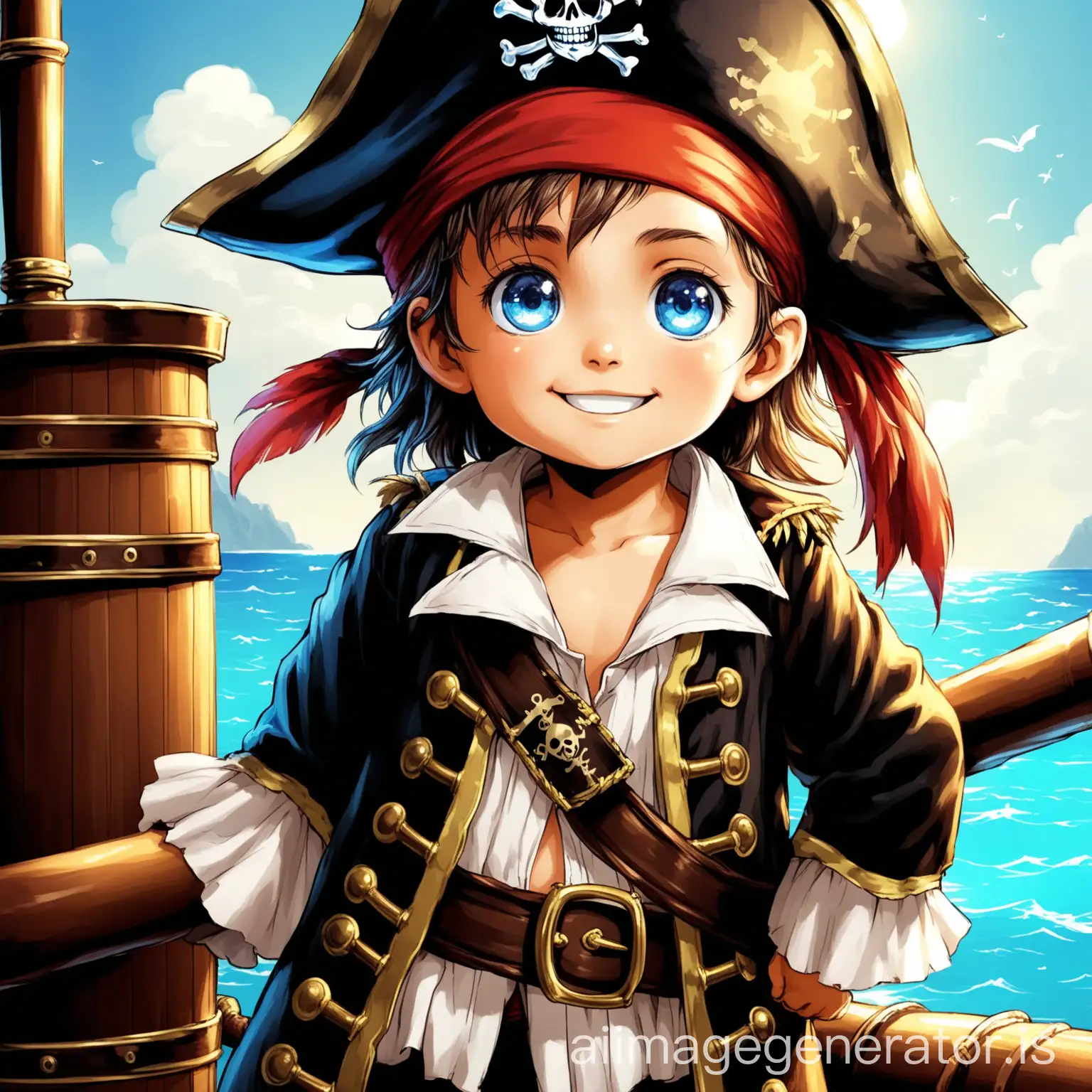 un petit enfant pirate, les yeux claires, qui souris, et qui est prêt a commencé une aventure, sans fond