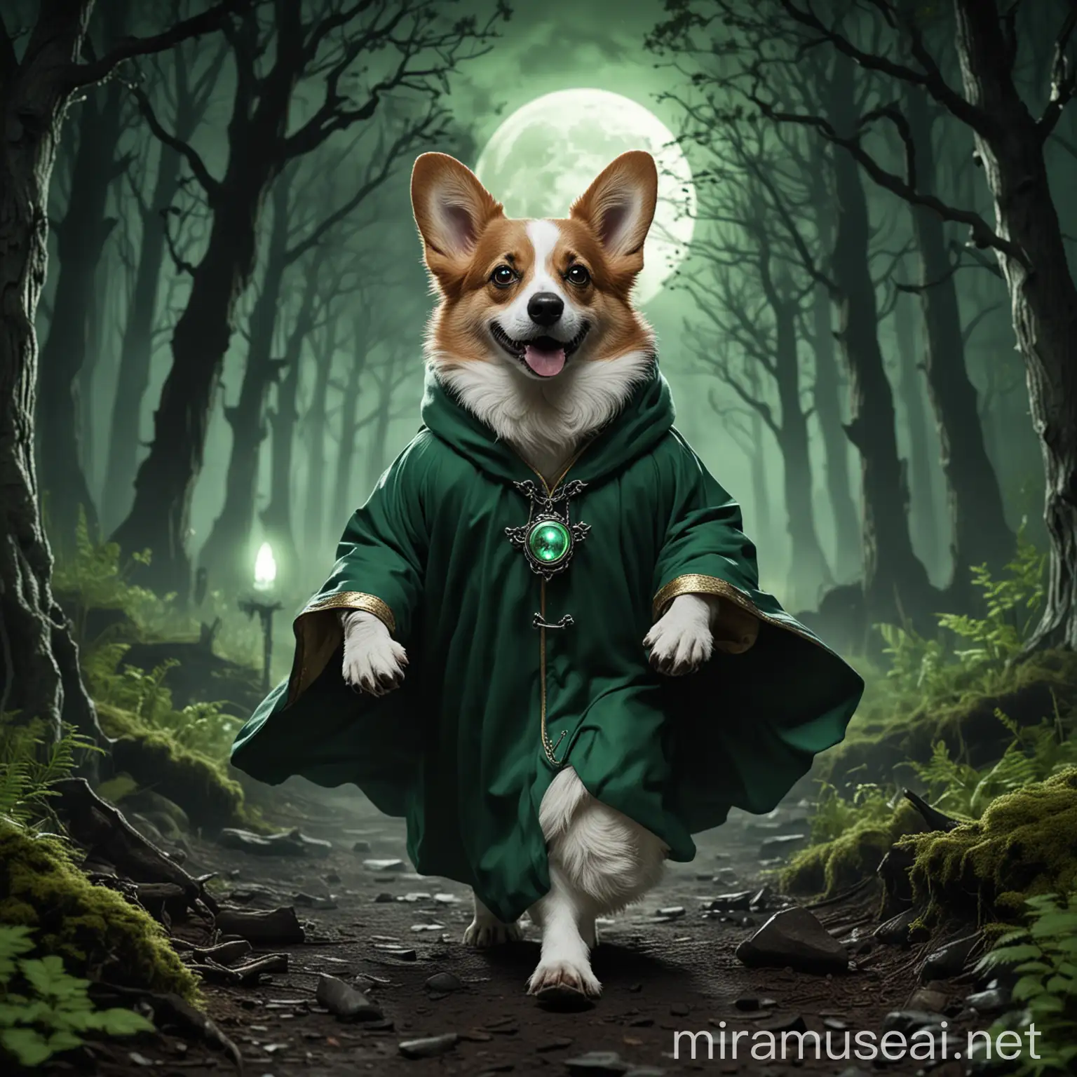 A humanoid corgi with one eye wearing green robes, casting dark green necrotic magic from his paws, walking in a dark fiery spooky forest with a full moon in the background