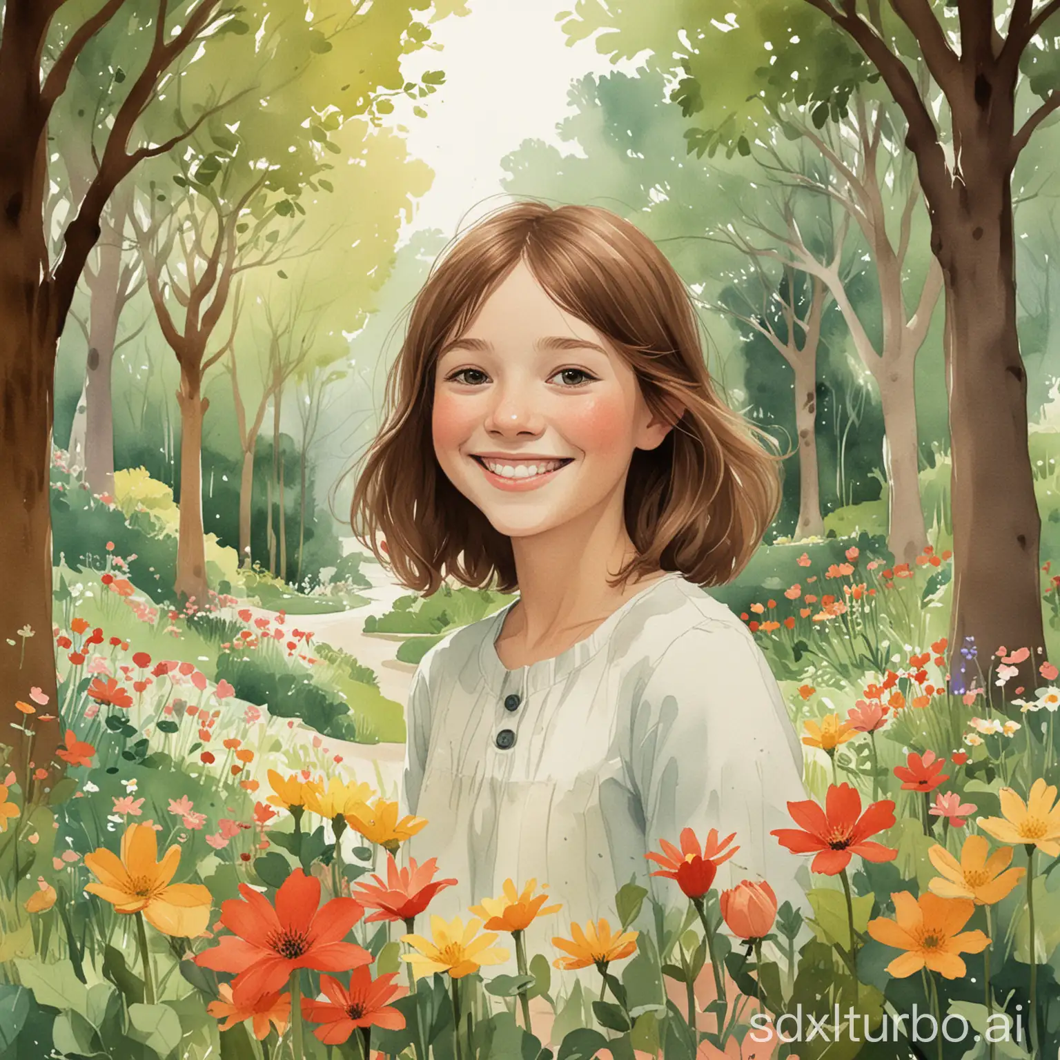 Illustration: Kate Sessions smiling among lush green trees and colorful flowers in Balboa Park.   Title: 'Mother of Balboa Park'   Subtitle: 'A Story of Nature's Love' or 'A Tale of Nature's Love' or ‘The Story of Kate Sessions’.  masterpiece, illustration, best quality, children's book, watercolor, close-up -1 little girl with brown hair smiling. Style of Jon Klassen