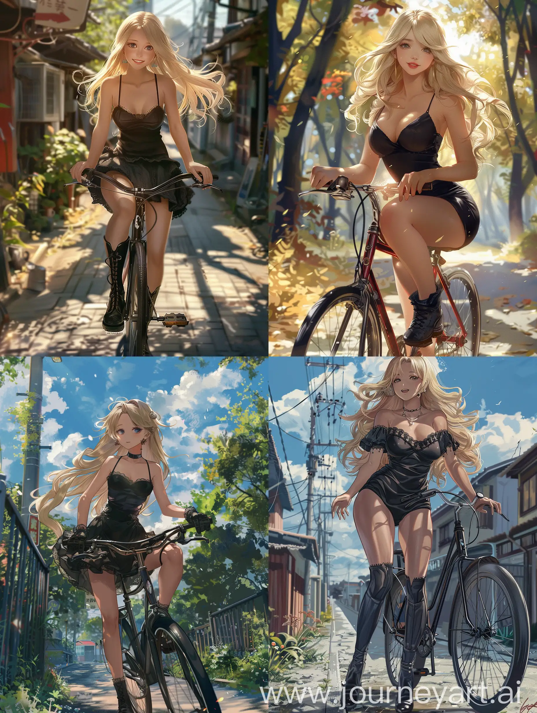 1 girl , 22 years old, blonde hair, black dress, sunny day, on bicycle, fat legs, no effects, no filters, front view, smiling , black boots