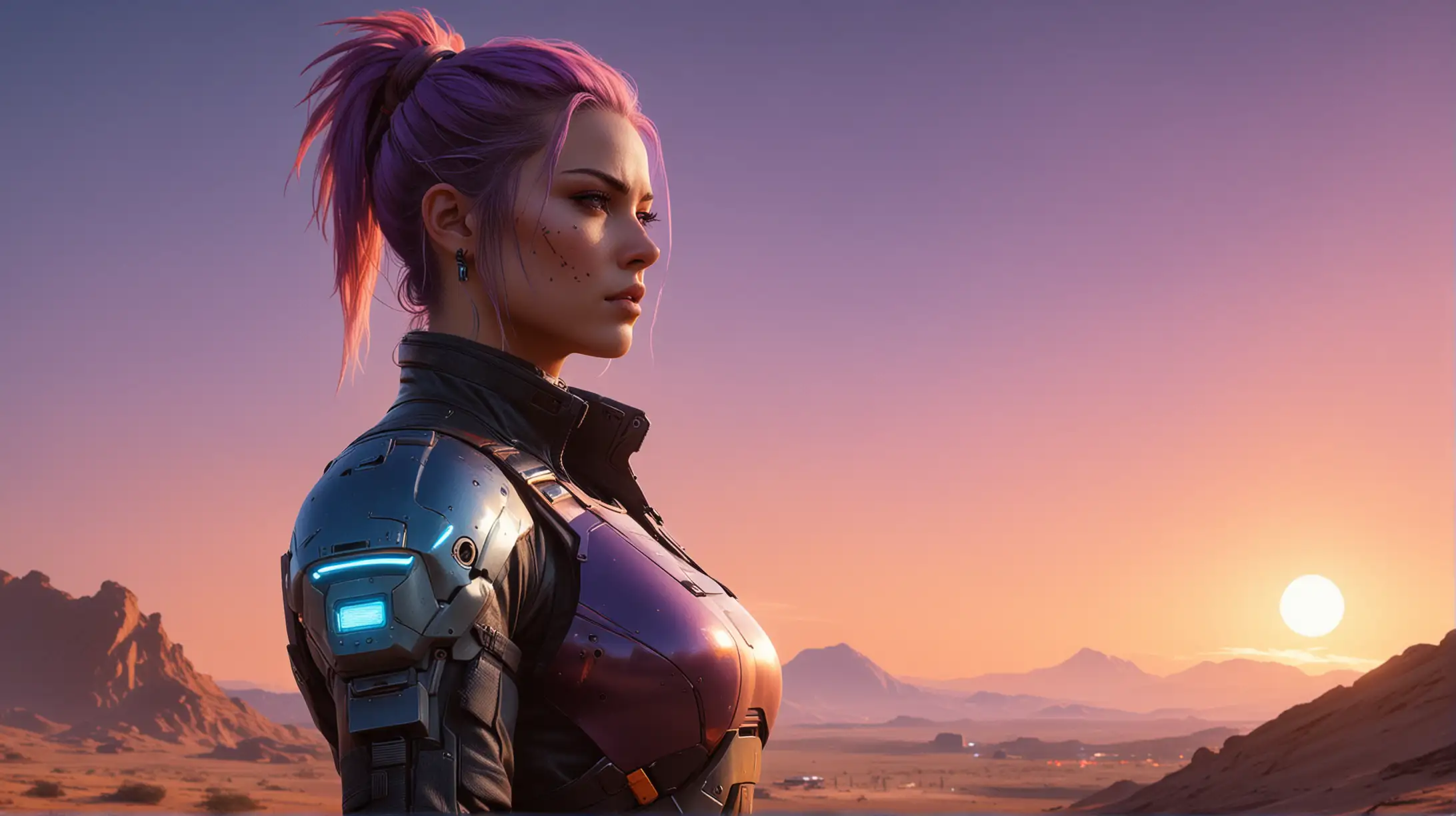 Create cover art inspired by Panam Palmer from Cyberpunk 2077. The artwork should depict a lone figure, resembling Panam, standing against a vast desert backdrop under a twilight sky. Emphasize her rugged and resilient appearance, reflecting her as a survivor and a warrior of the desert. The scene should capture the harsh beauty of the desert environment, using a palette of deep oranges, purples, and blues to convey both the toughness and the freedom represented by her character. The figure should be portrayed in a contemplative pose, looking off into the distance, with subtle hints of futuristic elements to tie back to her origins from Cyberpunk 2077.