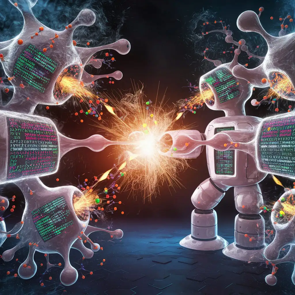 Биологические молекулы, внутри них - участки компьютерного кода. Они перестреливаются между собой, выстреливая яркими частицами - нейромедиаторами (цветные шарики, многие из которых улетают вдаль, не достигая своего адресата. Те, что попали - вспыхивают на нём и из этой вспышки растёт связь между молекулами.
Благодаря этим связями, они объединяются в робота, который состоит из нескольких модулей.