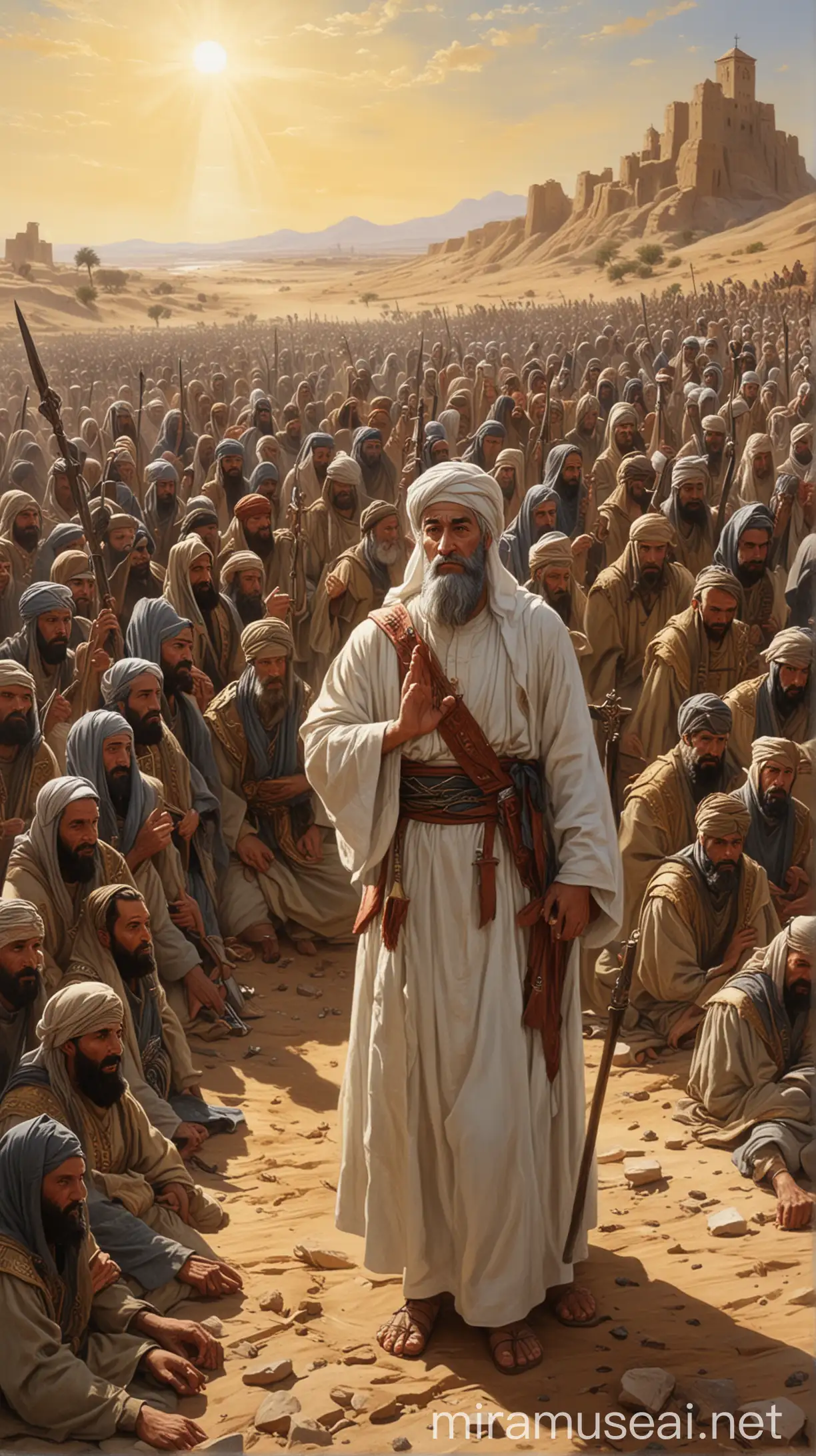"Illustrate Baldwin leading his troops against Saladin's forces. Show him holding the relic of the true cross high, with his troops kneeling in prayer behind him, and Saladin's army visible in the distance." hyper realistic