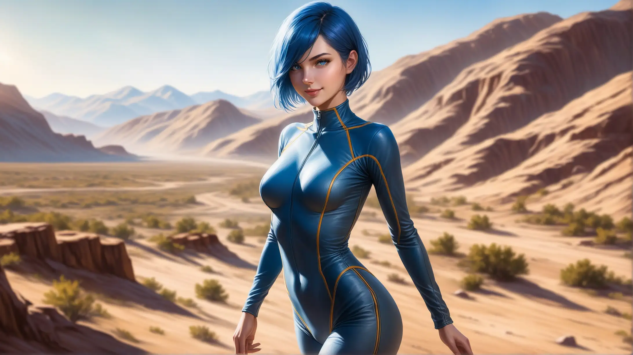 Draw a woman, short blue hair covering one eye, blue eyes, slender figure, high quality, realistic, accurate, detailed, long shot, natural lighting, outdoors, outfit inspired from Fallout, seductive pose, smiling at the viewer