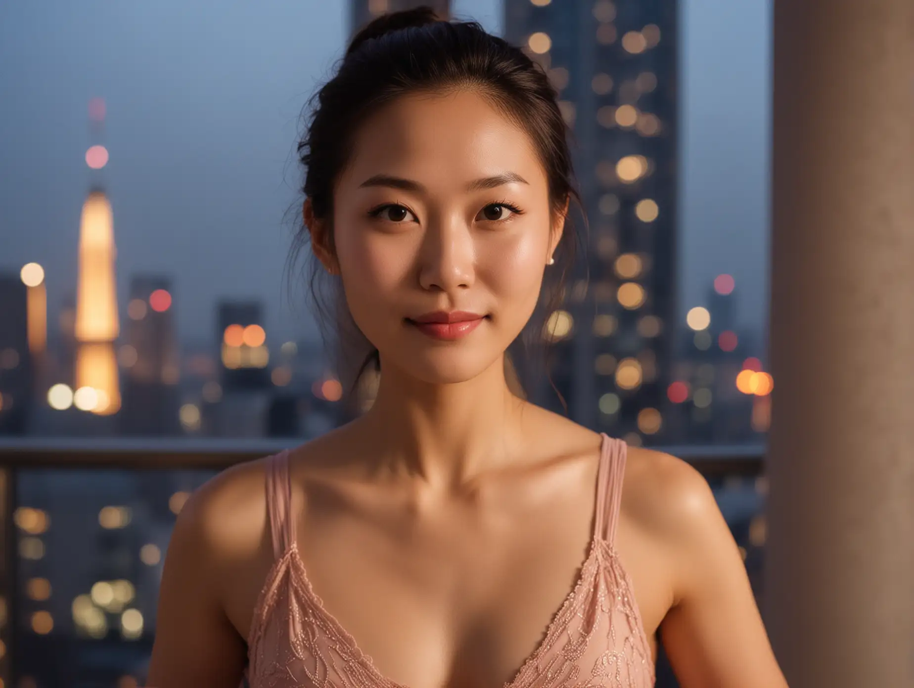 Close up face of a slender sweet 28 year old Chinese yoga instructor at a formal party in a luxury highrise penthouse at dusk looking at the camera with love and joy