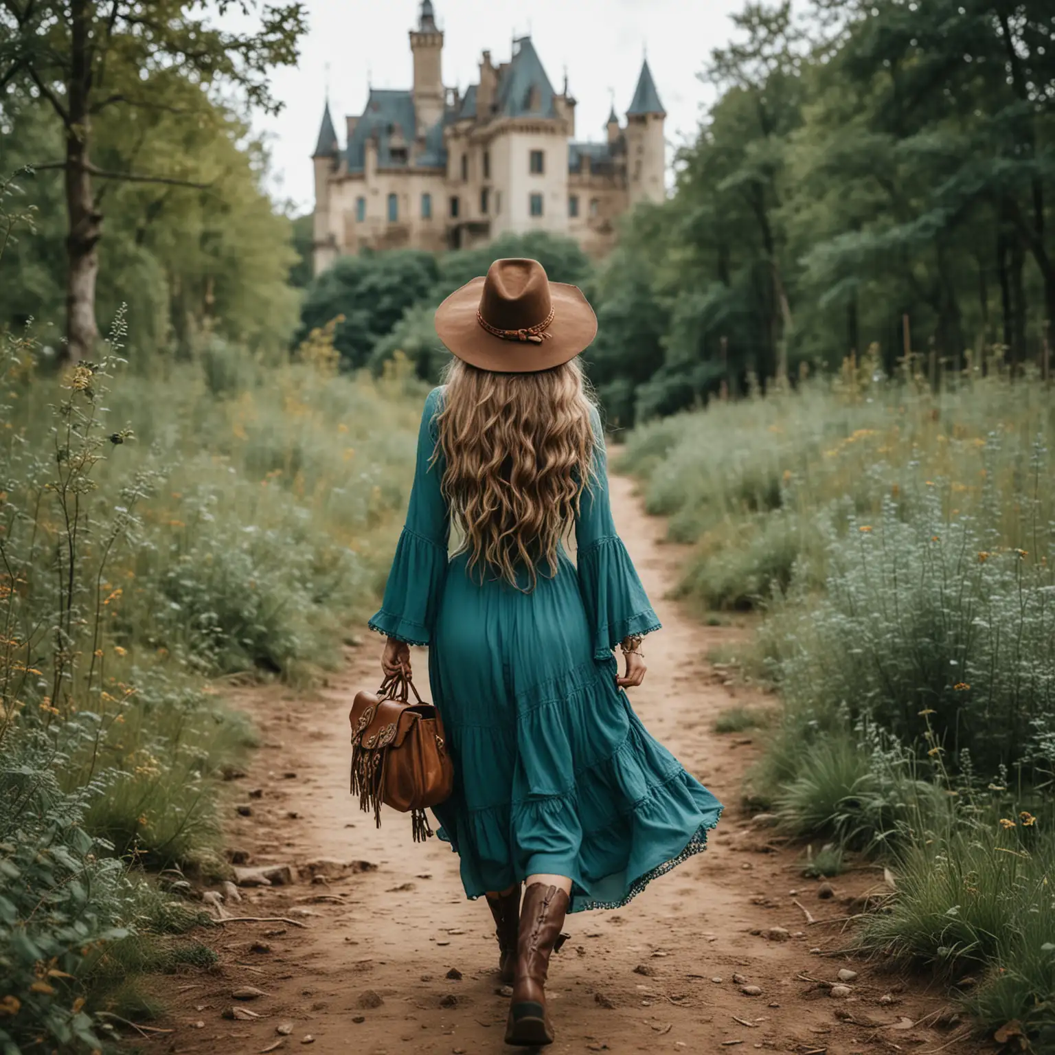 Bohemian Girl in Teal Dress Walking to Majestic Castle in Rustic Forest