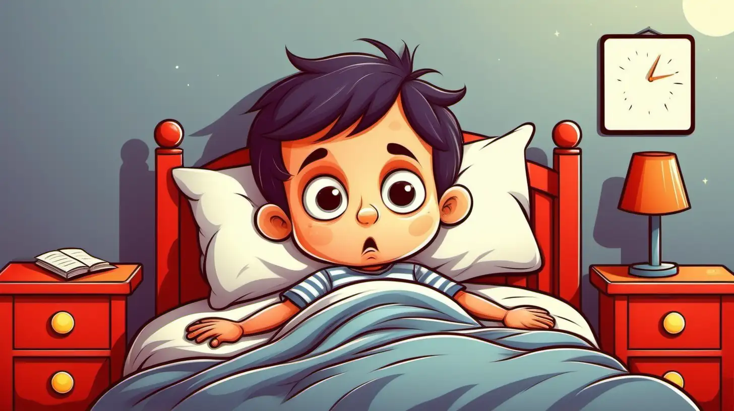 cartoon style little boy awake in his bed