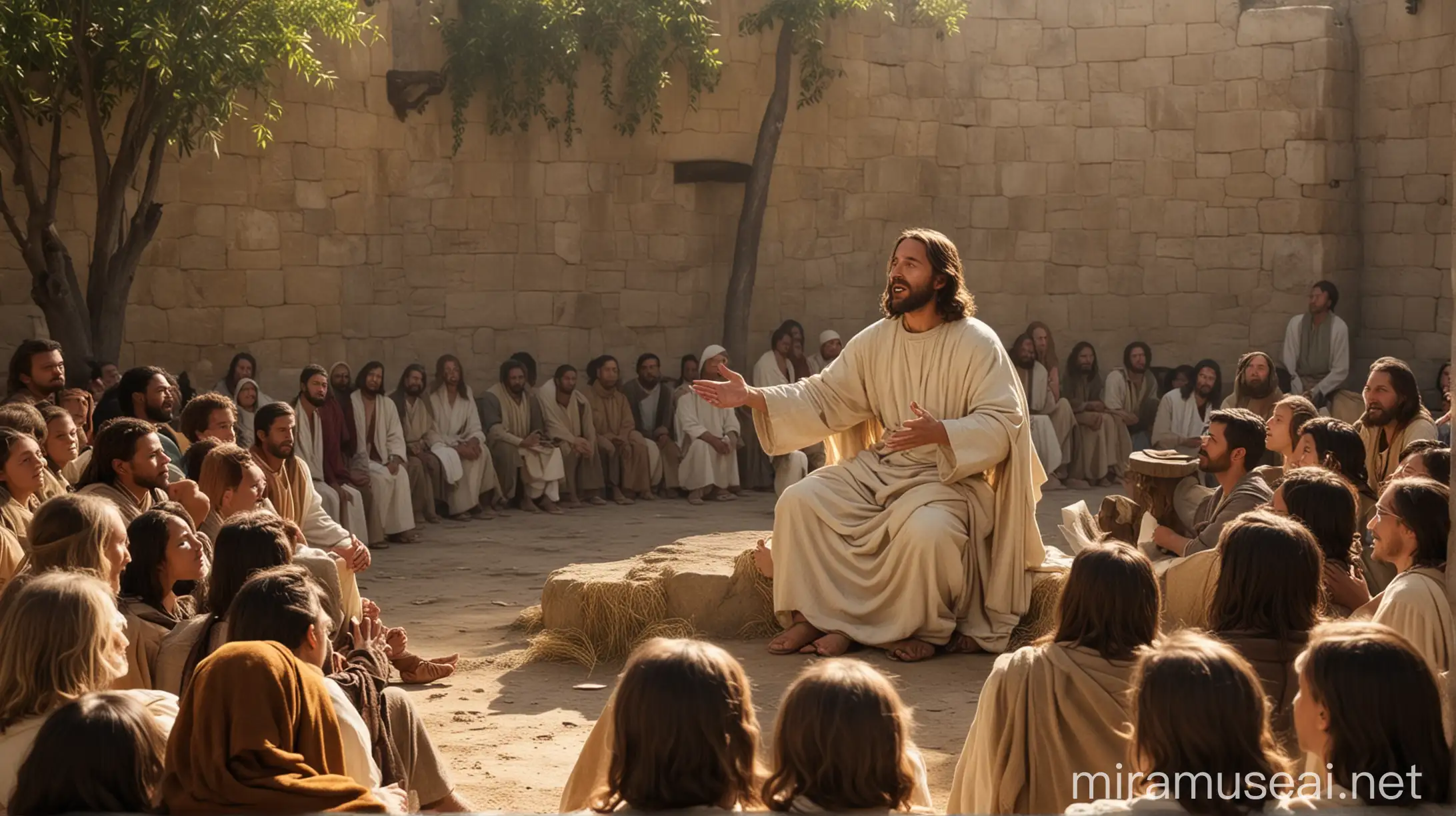 Show me an image of Jesus sitting and preaching to people 
