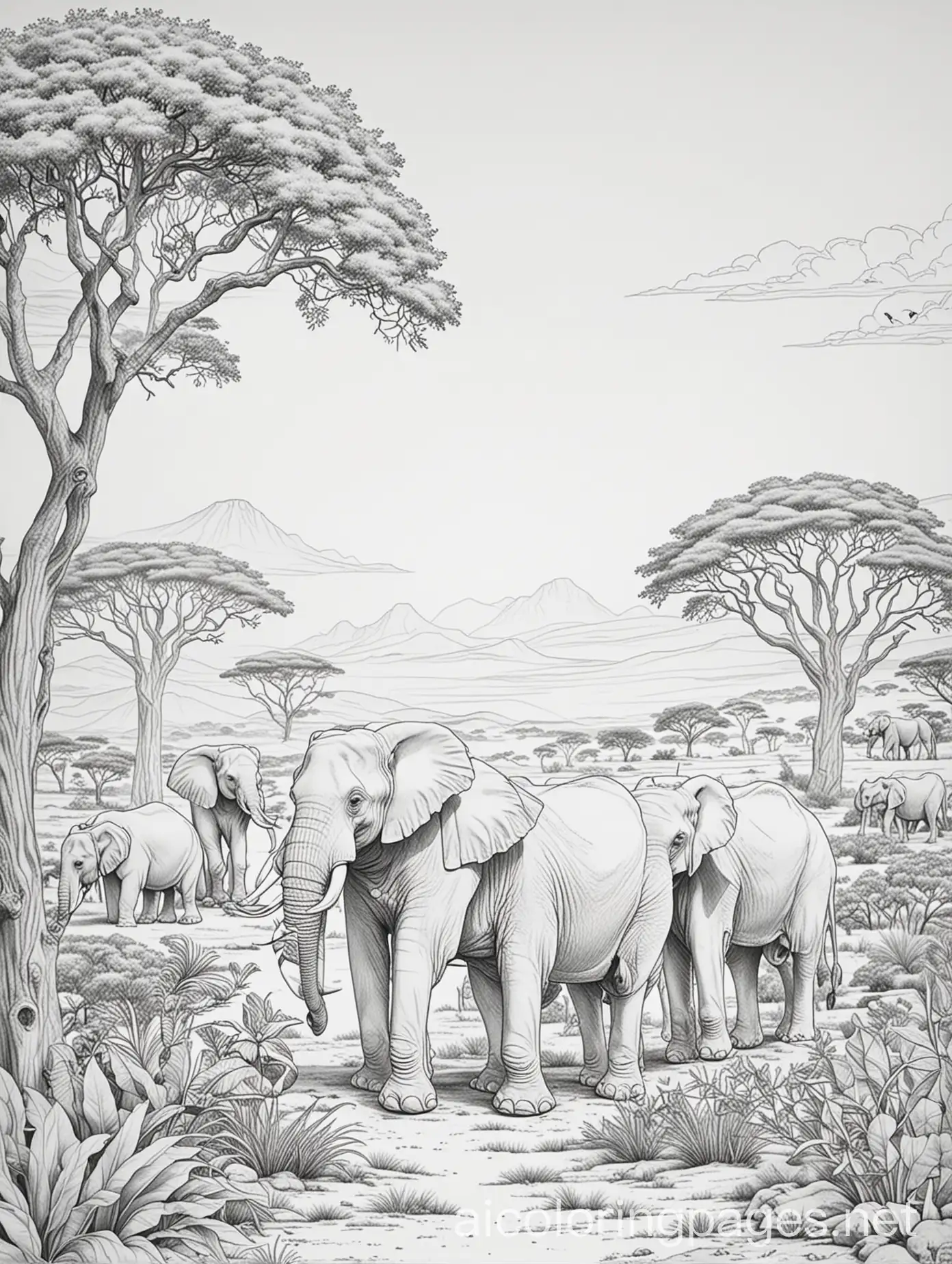 African-Safari-Coloring-Page-for-Kids-Silhouettes-of-Elephants-Giraffes-and-Lions-in-Sprawling-Savannah-Skyline