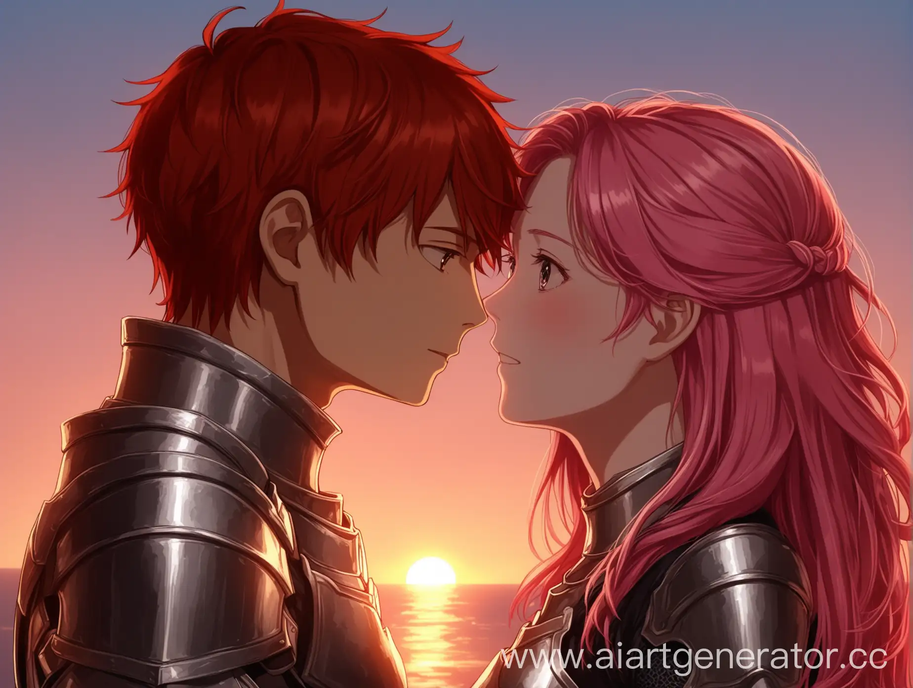 Redheaded-Boy-and-PinkHaired-Girl-Embrace-at-Sunset