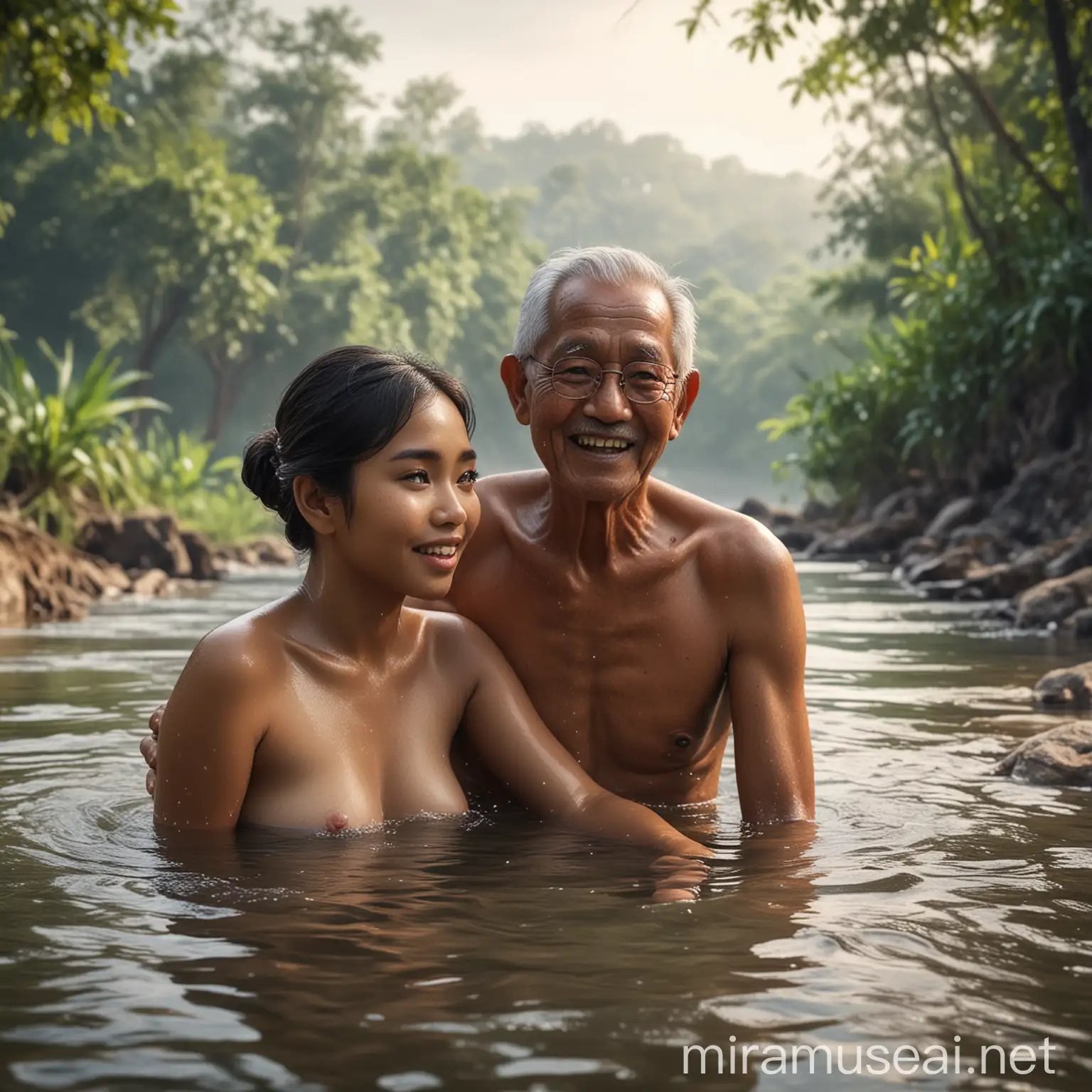 Gambar realistis seorang wanita cantik Indonesia sedang mandi dengan kakek di sungai.
