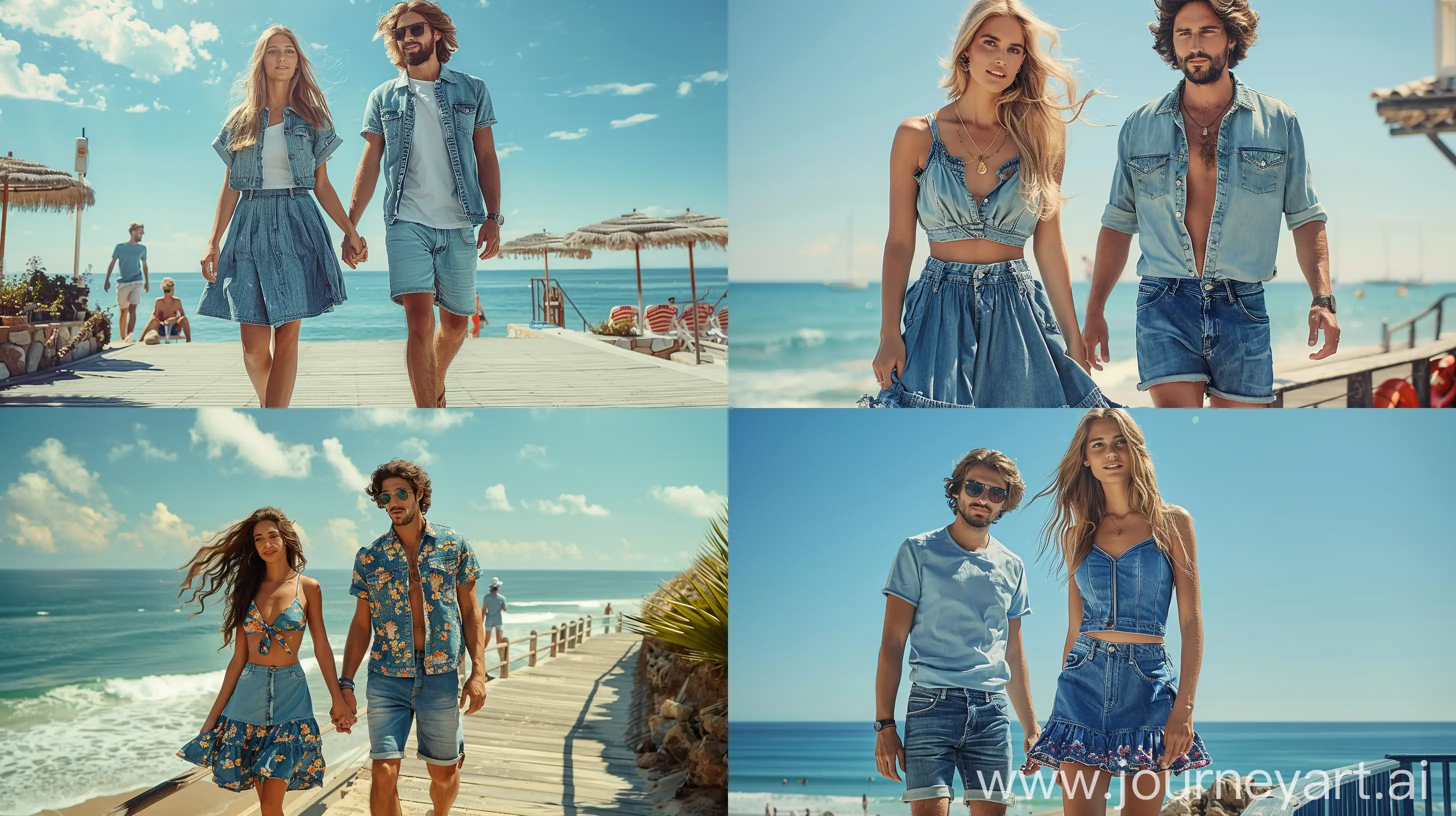 Casual Seaside Ensemble: An image of a woman and a man strolling on a beach boardwalk, the woman in a denim skirt and the man in denim shorts, both showcasing relaxed summer fashion with a sea backdrop. —ar 16:9 —style raw —stylize 300