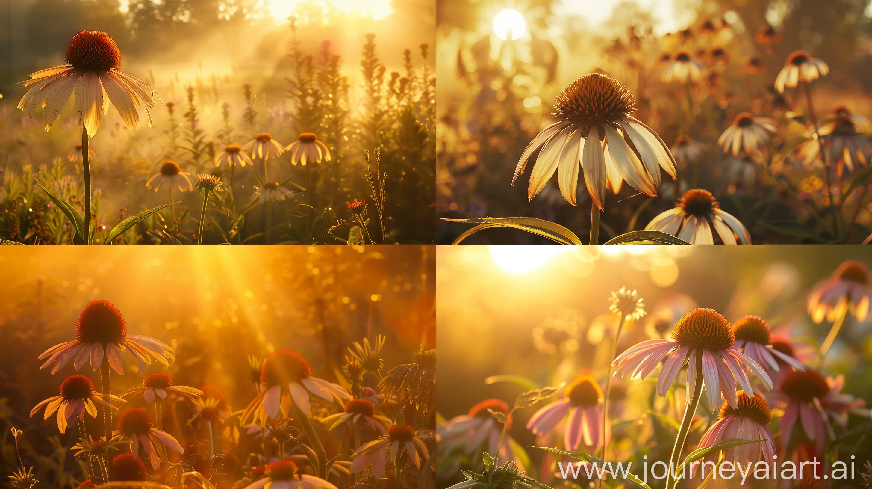 High detailed photo capturing a Echinacea, Magnus. The sun, casting a warm, golden glow, bathes the scene in a serene ambiance, illuminating the intricate details of each element. The composition centers on a Echinacea, Magnus. An award-winning classic! With enormous flowers up to 6" across, Magnus is a favorite for the back of the perennial border and beautiful in fresh arrangements. An exceptionally hardy perennial that is heat and drought tolerant. Grow in full sun to light s. The image evokes a sense of tranquility and natural beauty, inviting viewers to immerse themselves in the splendor of the landscape. --ar 16:9 