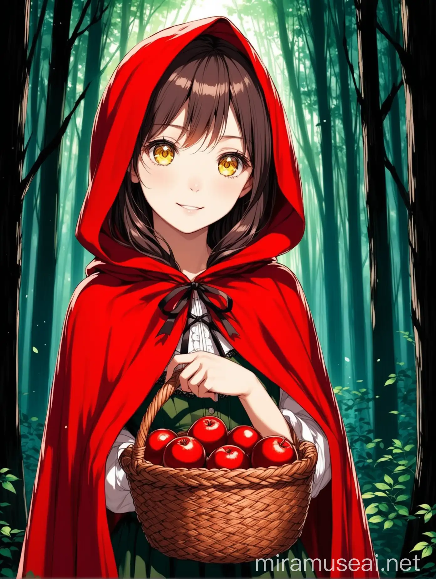 Anime portrait of red riding hood teenager girl, dark forest on background, bright yellow eyes, red cape, closed basket in hands, innocent smile