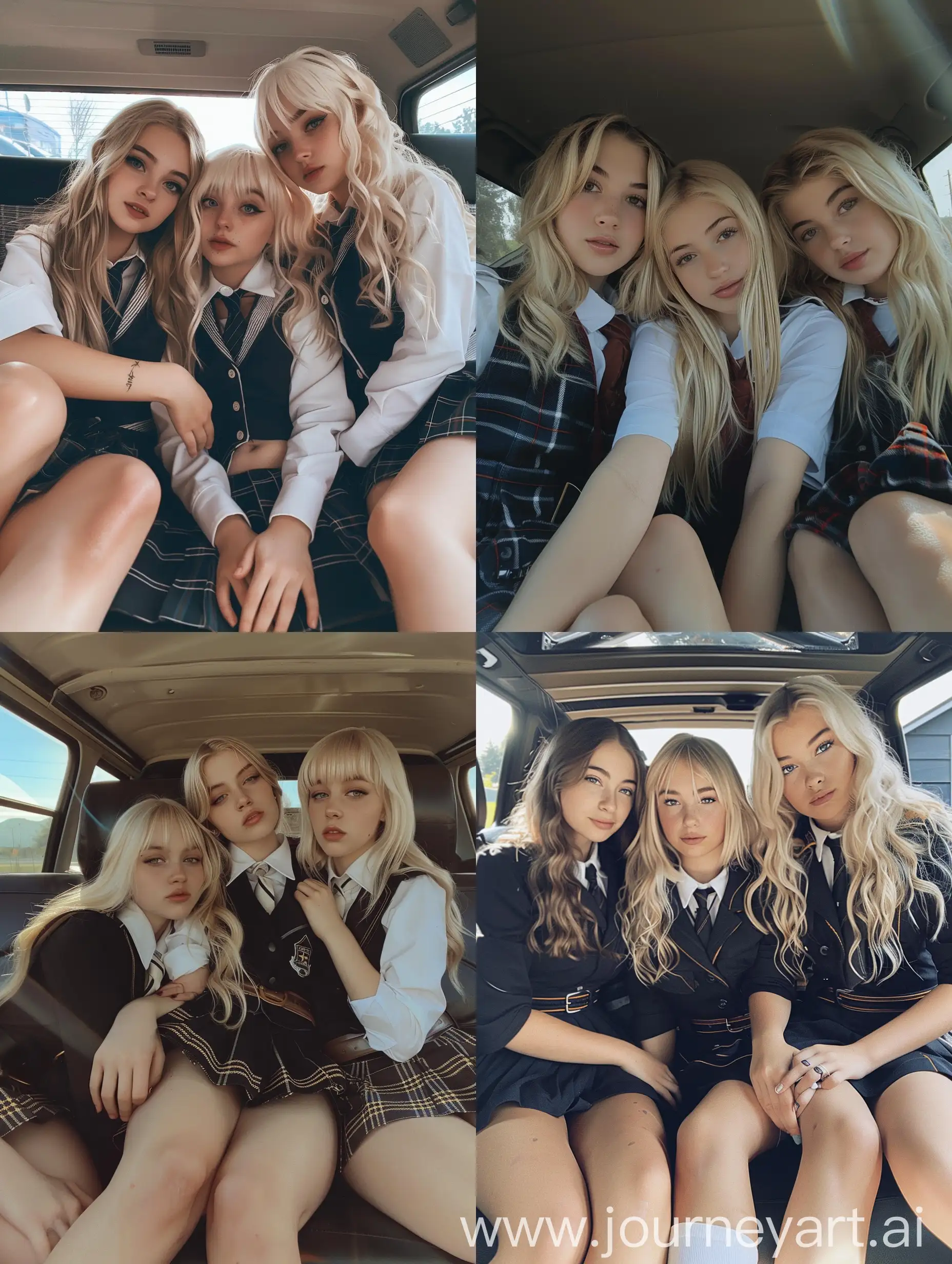 3 girls, 22 years old, blonde hair, , school uniform, posing,  , makeup,  inside car, , no effects, no filters, , , natural , iphone photo natural, fat legs,