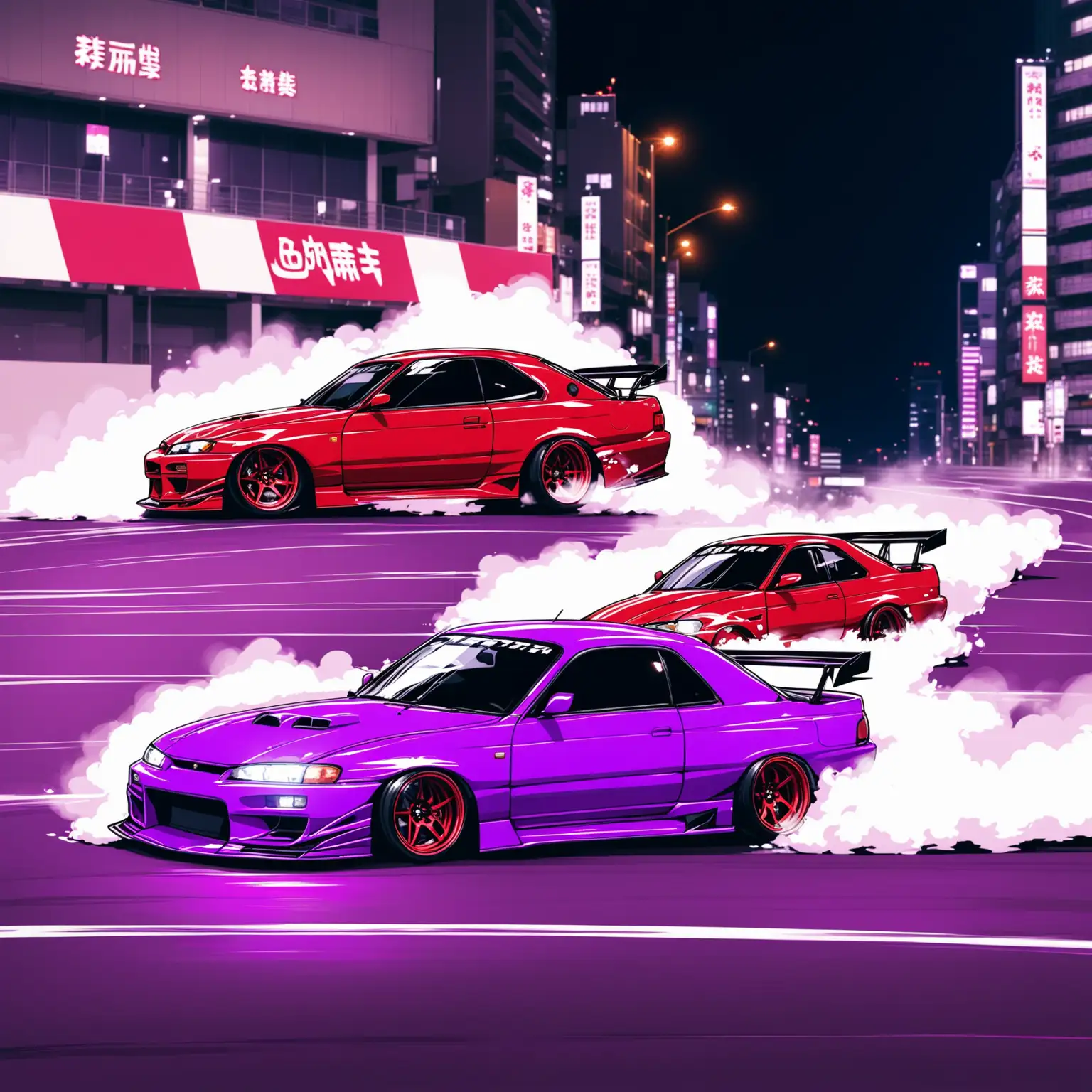 Япония машина дрифт фиолетовый и красный, в городе
