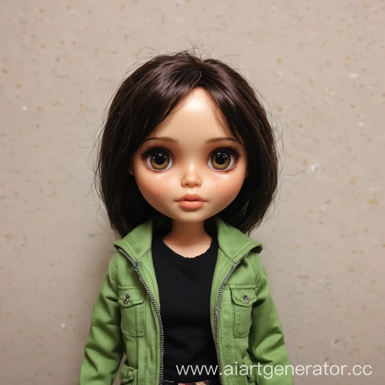 Dark-BrownEyed-Blythe-Doll-in-Green-Jacket-and-Black-Tank-Top