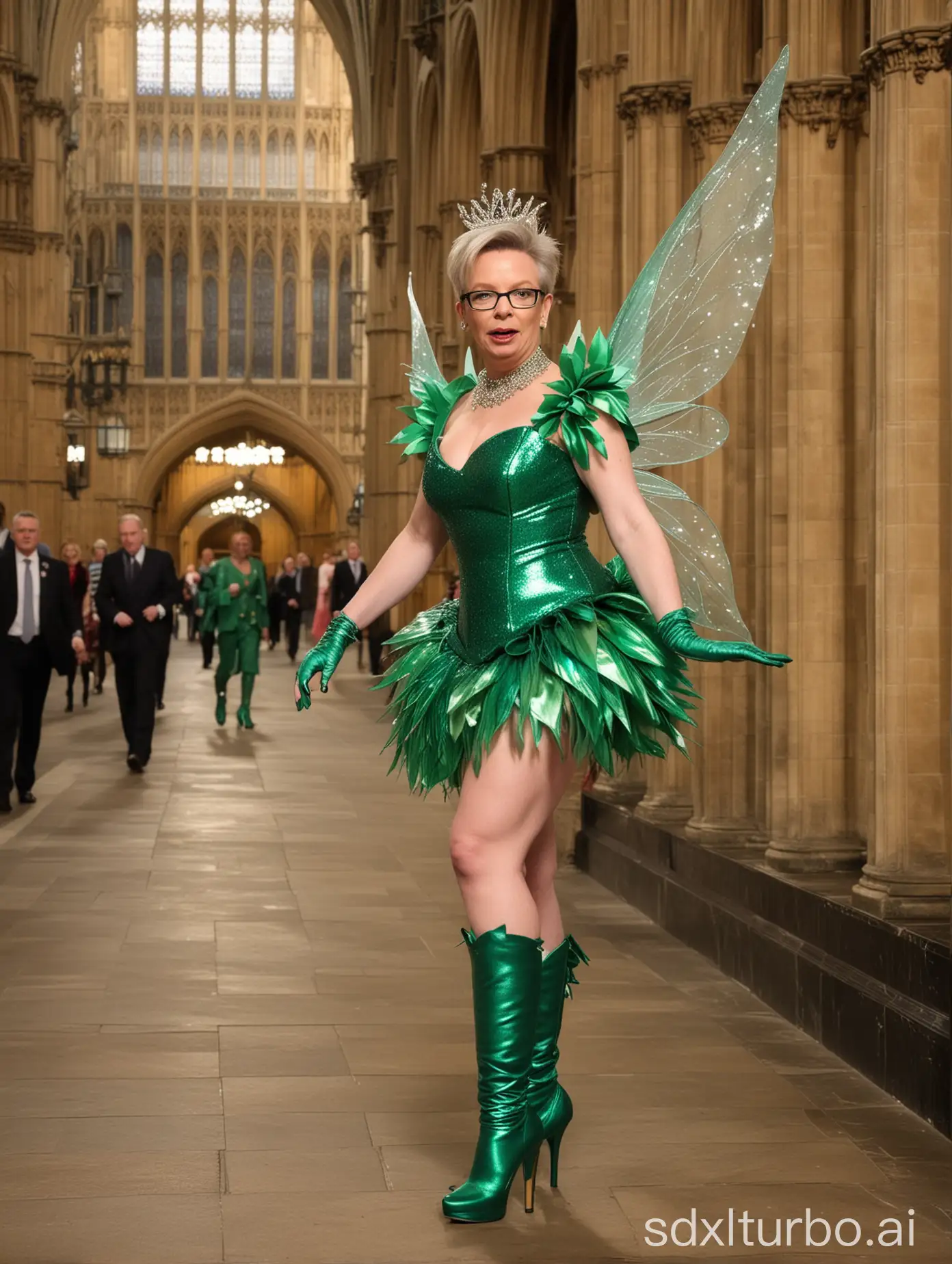 (((Political drag race))), photograph of british politician Michael Gove in a emerald Tinkerbell fairy drag queen dress and high heel boots walking in the houses of parliament