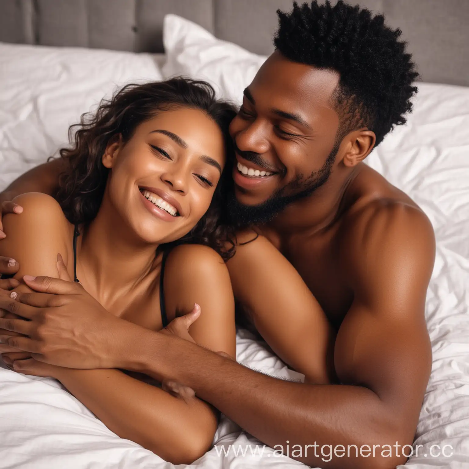 Счастливые мужчина и женщина. Афроамериканцы. Лежат в постели после секса. Обнимаются и улыбаются