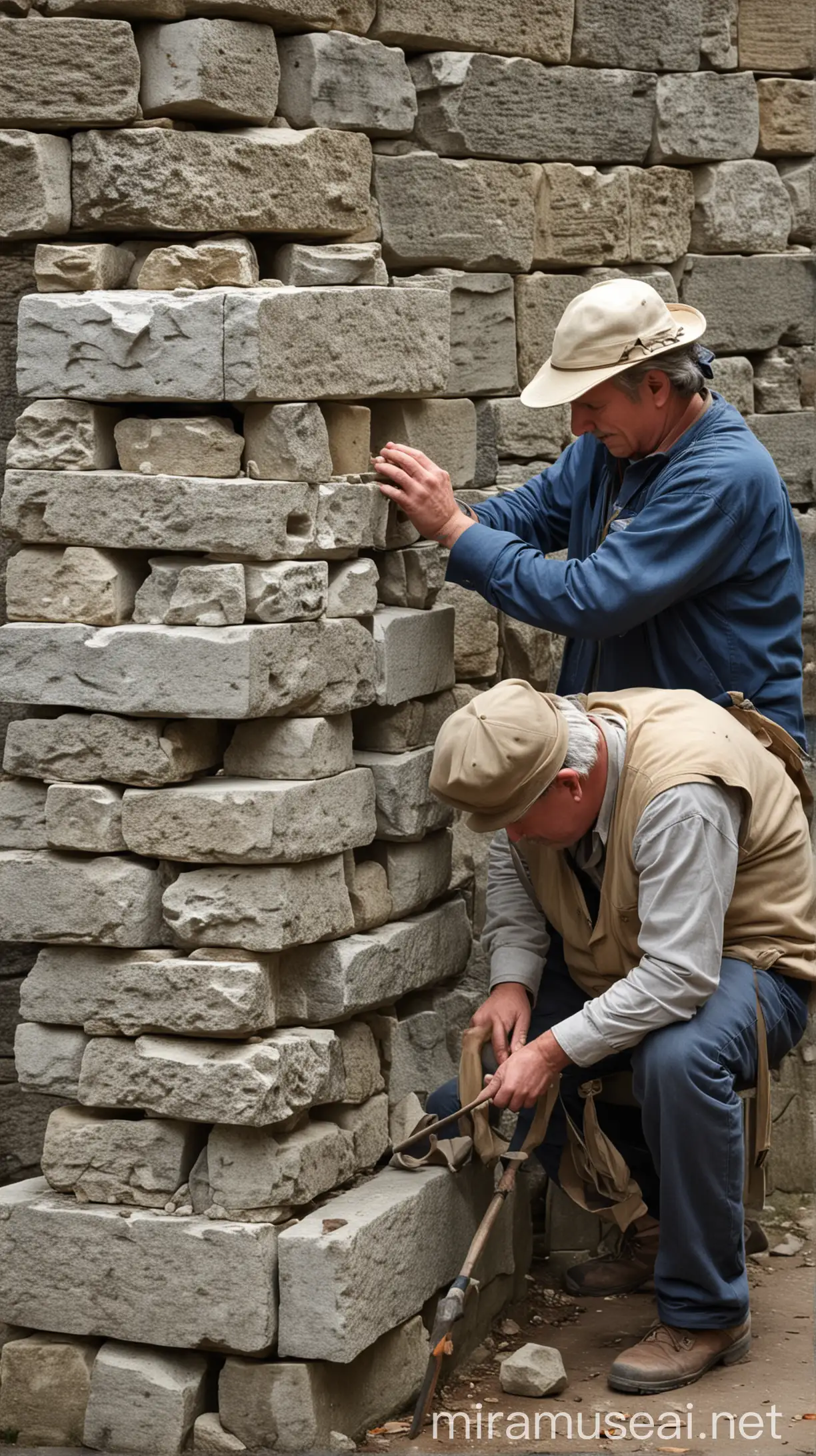 Traveler Observing Two Stonemasons Crafting Stone Structures