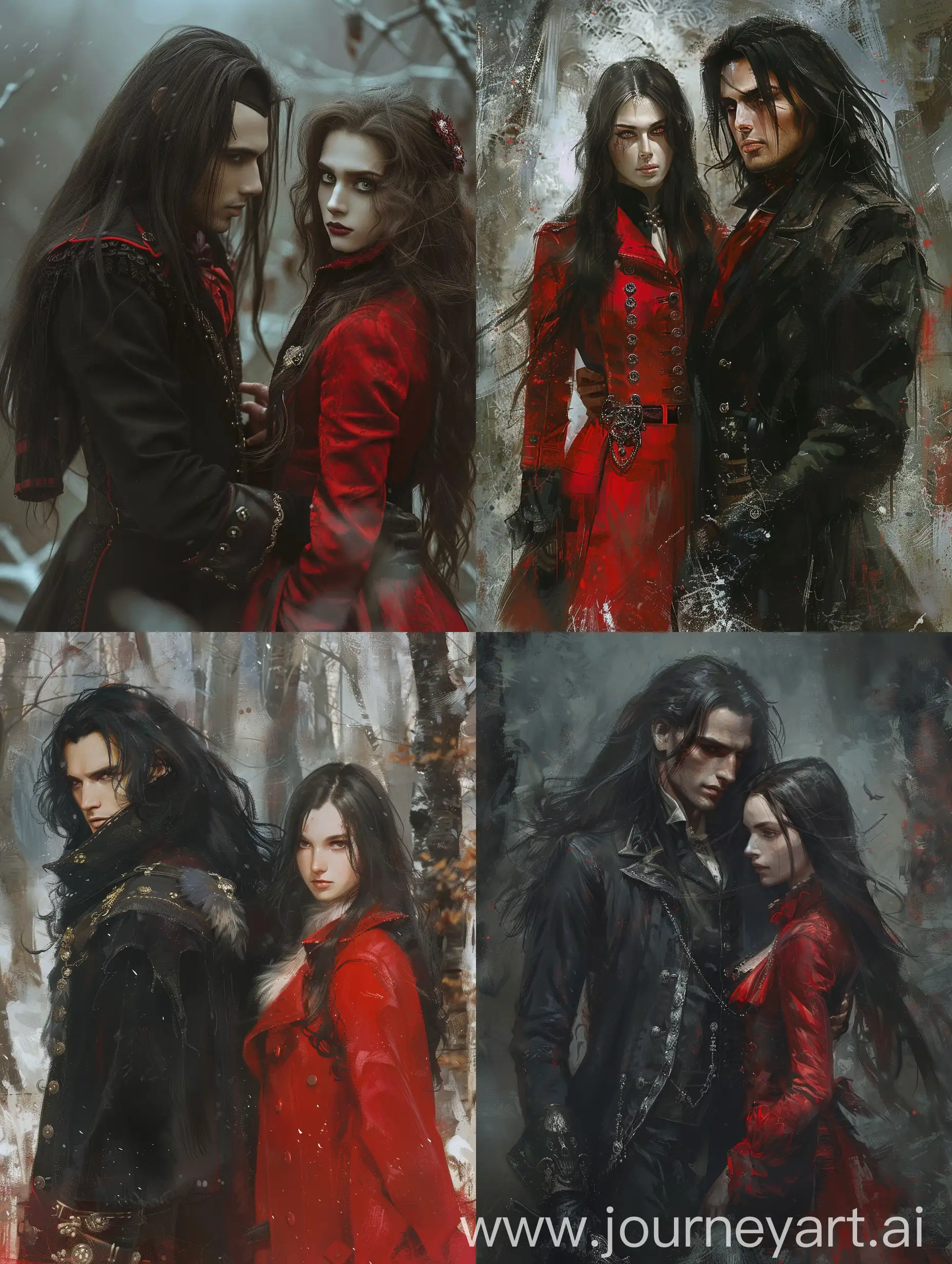 fantasy , мужчина с  черными длинными волосами вампир  и девушка с рыжими в куртке  брюс охотник на вампиров